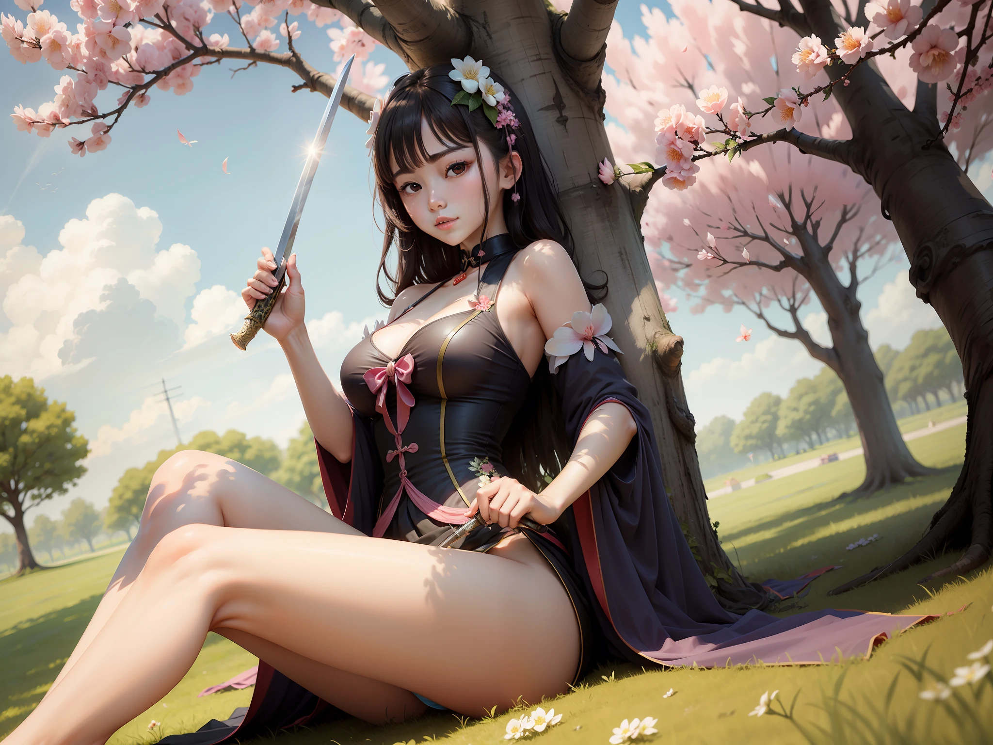 On a hot summer day，A beautiful young lady，On open grass，There is a peach blossom tree，Waving a sword under a tree