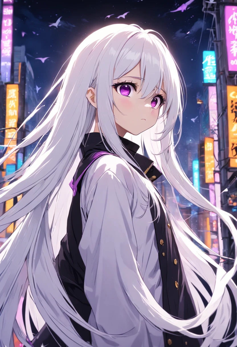 long  white hair，Purple eye，Black regular clothes，teens girl，quadratic element，cartoony，graceful and dignified，hair straight，The upper part of the body