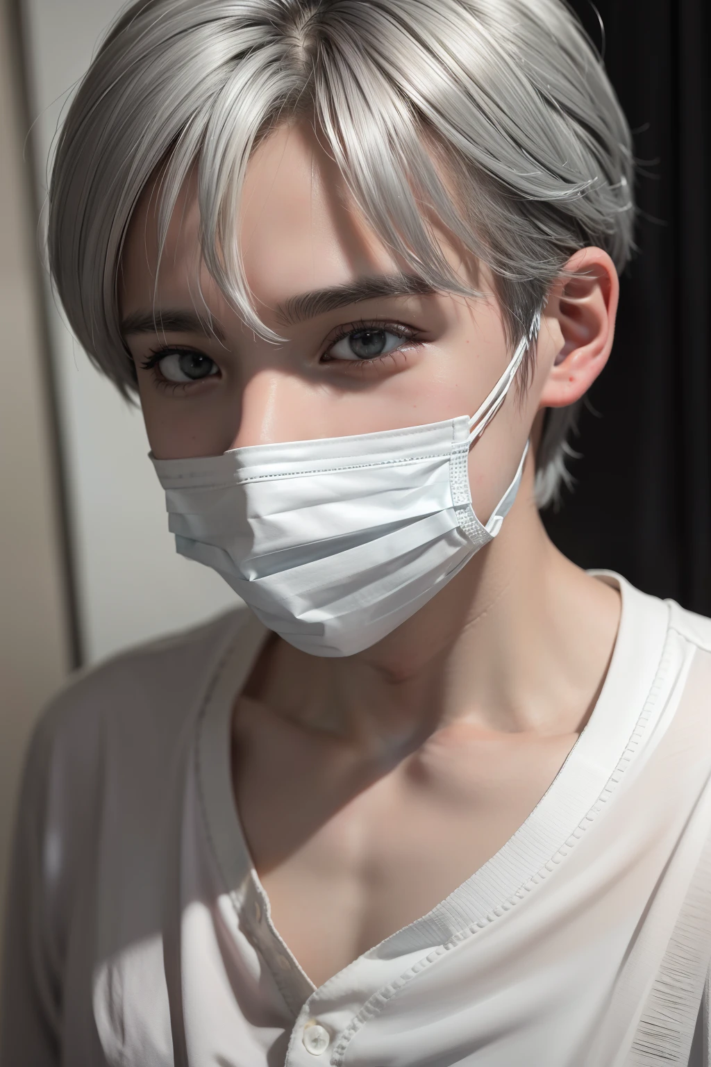 (absurderes, hight resolution, ultra-detailliert, nffsw), masutepiece, Best Quality, 1boy,12year old, Handsome, short detailed hair, finely eye and detailed face,Forehead, White and gray hair color, Face Up Angle,Wearing a hospital mask