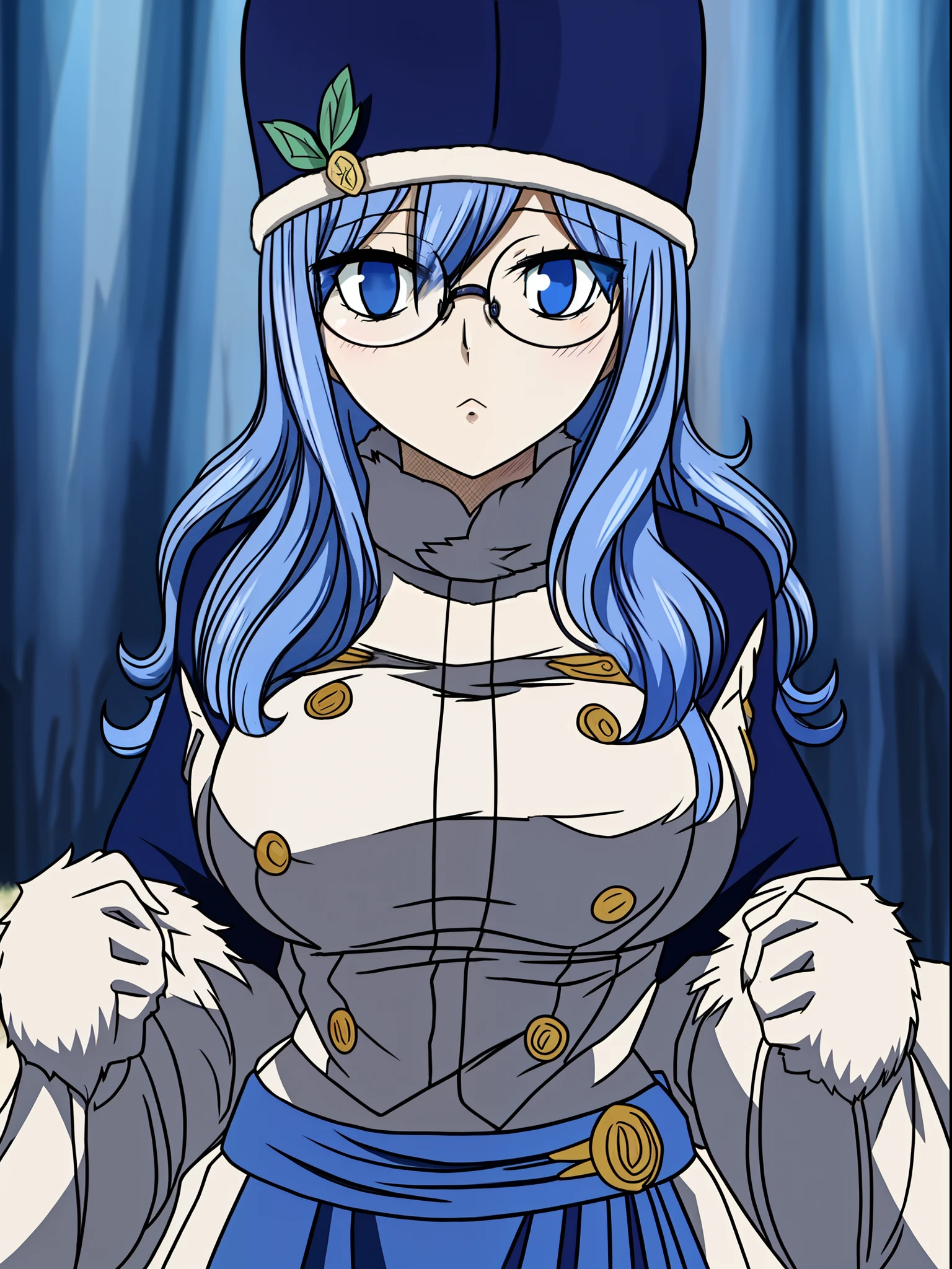 masterpiece, best quality, highly detailed, highres, hdr, 1girl, solo, (Juvia_Lockser)++ in the forest, trees, blue eyes,  long hair, hat, (((glasses))), ((rim-less eyewear)), (((mature female))), tall, beautiful, medium breast, milf, (eyewear:0.9)