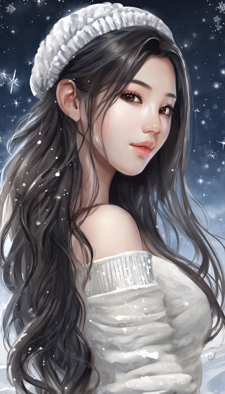 ((from side)), ((from below)), ((full bodyesbian)), ((フォトリアリスティック)), Beautiful asian model, Sexy goddess, cabelos preto e longos, Beautiful hair accessories, slender leg, cold light, the night, starrysky, at winter season, nevando, snowfield, ((White sweater, bshoulders, One shoulder, cropped shoulders, Black pleated skirt)), (white colors, black in color), Walk in the park, Detailed scenes, Beautiful digital illustration, the detail,Hyper-detailed, (best qualtiy,tmasterpiece)