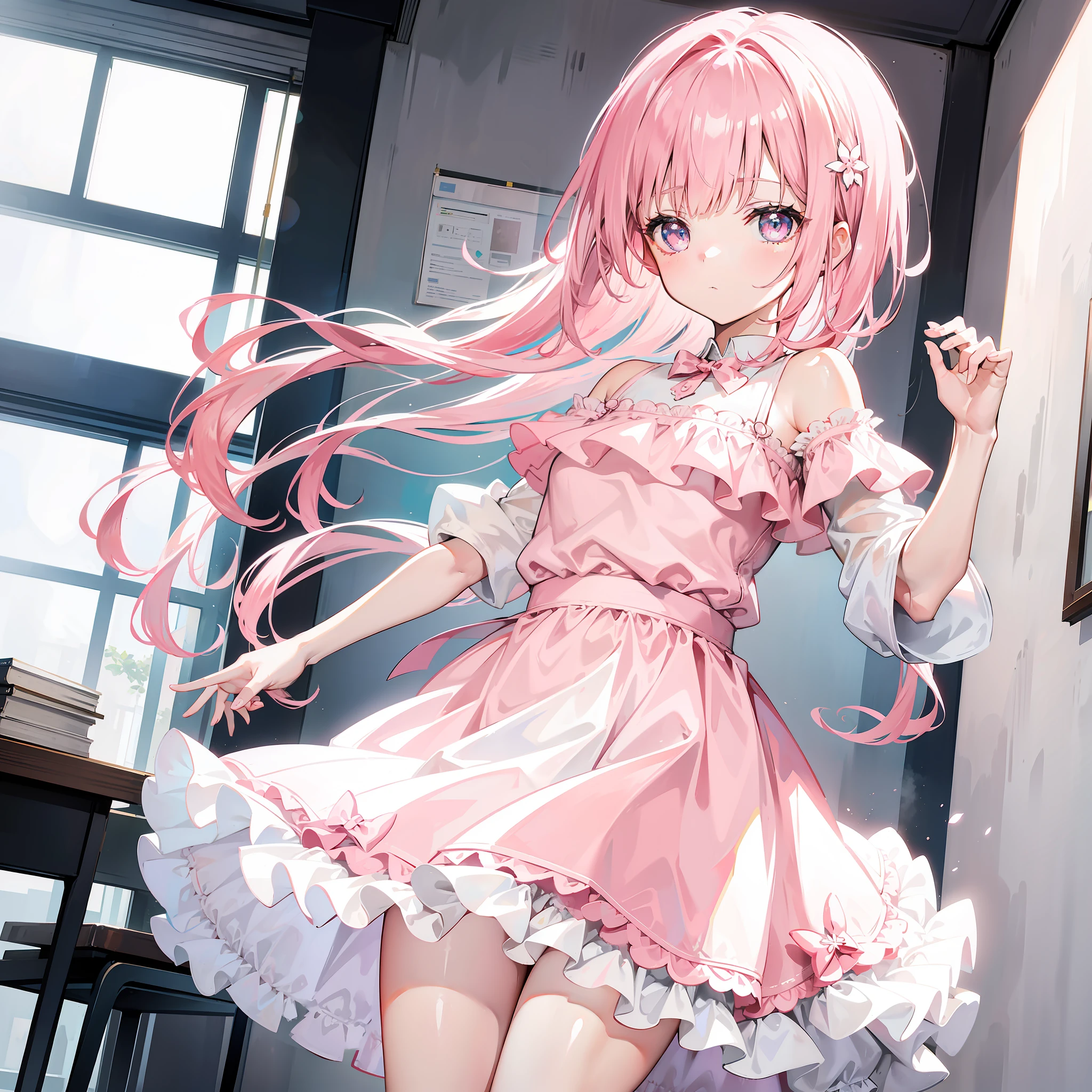 Girl with pink hair, long double-tailed hairstyle, ((small pink bushy eyebrows)), dressed in lolita clothing, marked vagina, lolicon (Zankuro) drawing style by zankuro artist, Zancro style, image uploaded to R34, looking at the camera with a flirtatious smile, modeling in a restaurant full of people, male pov, (panties pulling, self-pulling, pink panties:1.1 panties pulled to knees) , she pulling her dress to cover her crotch, no visible vagina
