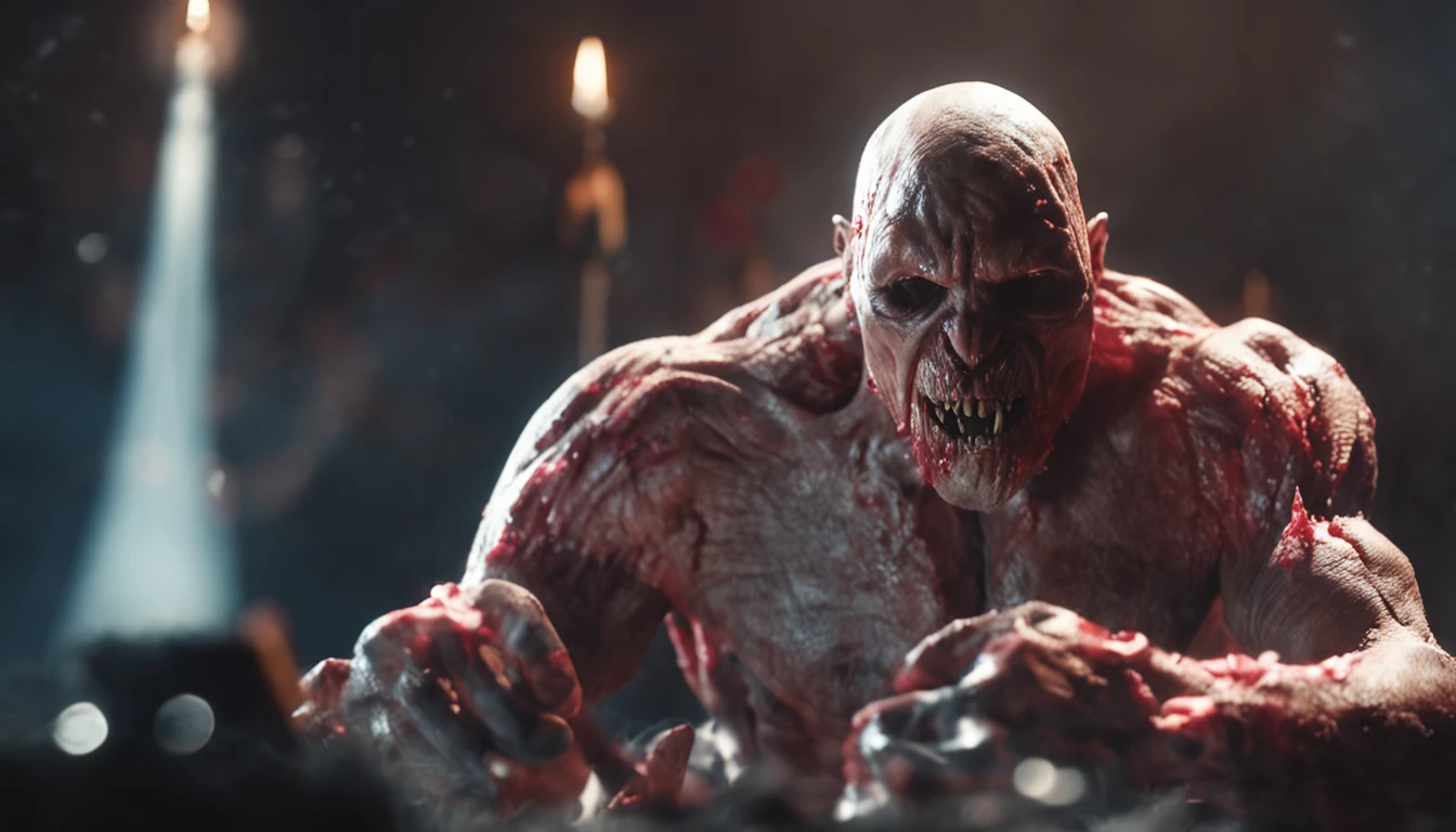 lobisomem, 8k, (insanamente detalhado:1.5), fotografia de corpo inteiro, , pele detalhada, pale skinned, atacando pequena vila, werewolf 4k
