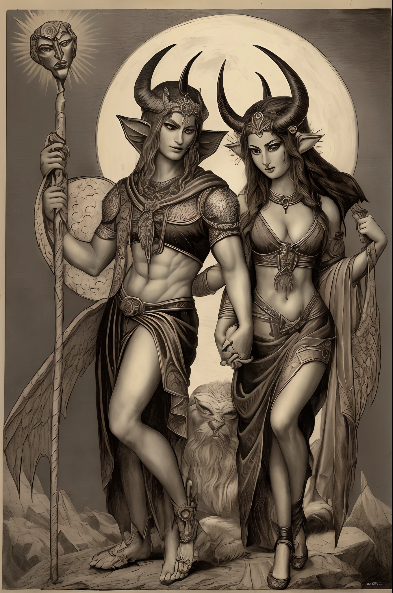 In high resolution, generate the mythical image of the devil, holding the sun and moon in both hands, with a devil goddess by his side holding his arm