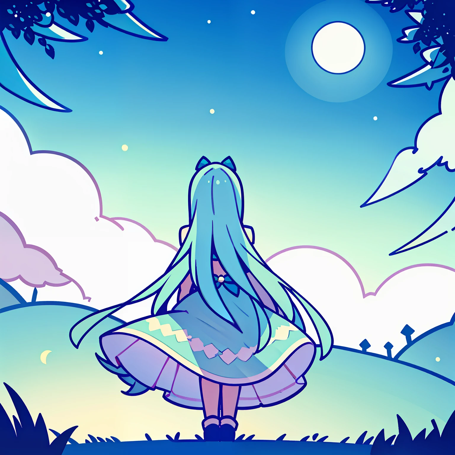 the night,On the grass sat a girl with long hair,Hair fluttering,Night scene,The wind is blowing,There are moons,lindo cenario,beautiful moon