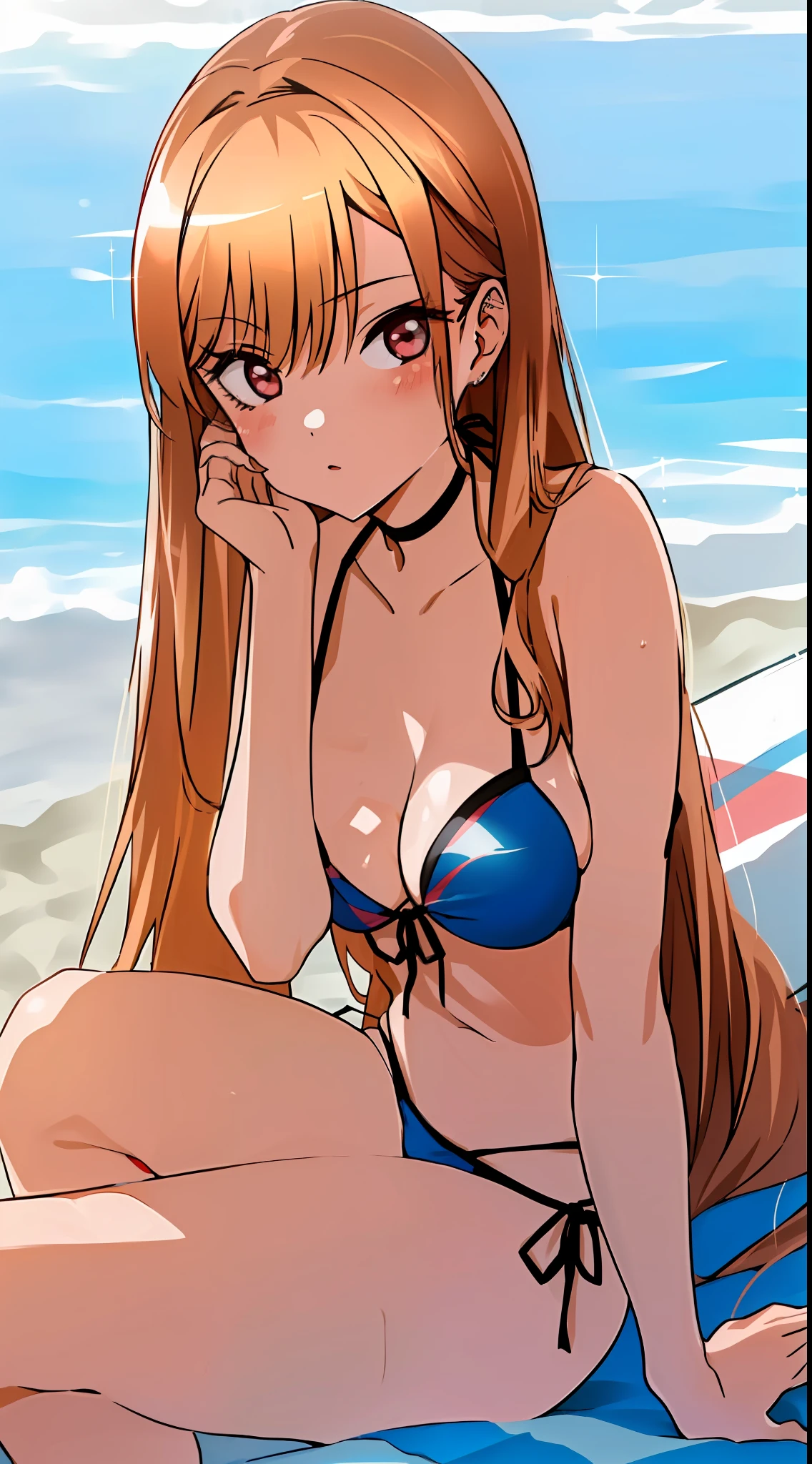 Pov, 1girls, Iori, Heiligenschein, Badeanzug, Bikini, Sonnenbrillen, sitzend, (shinny skin:1.1), gefettete Haut, Strandseite, Tageszeit, blauer Himmel