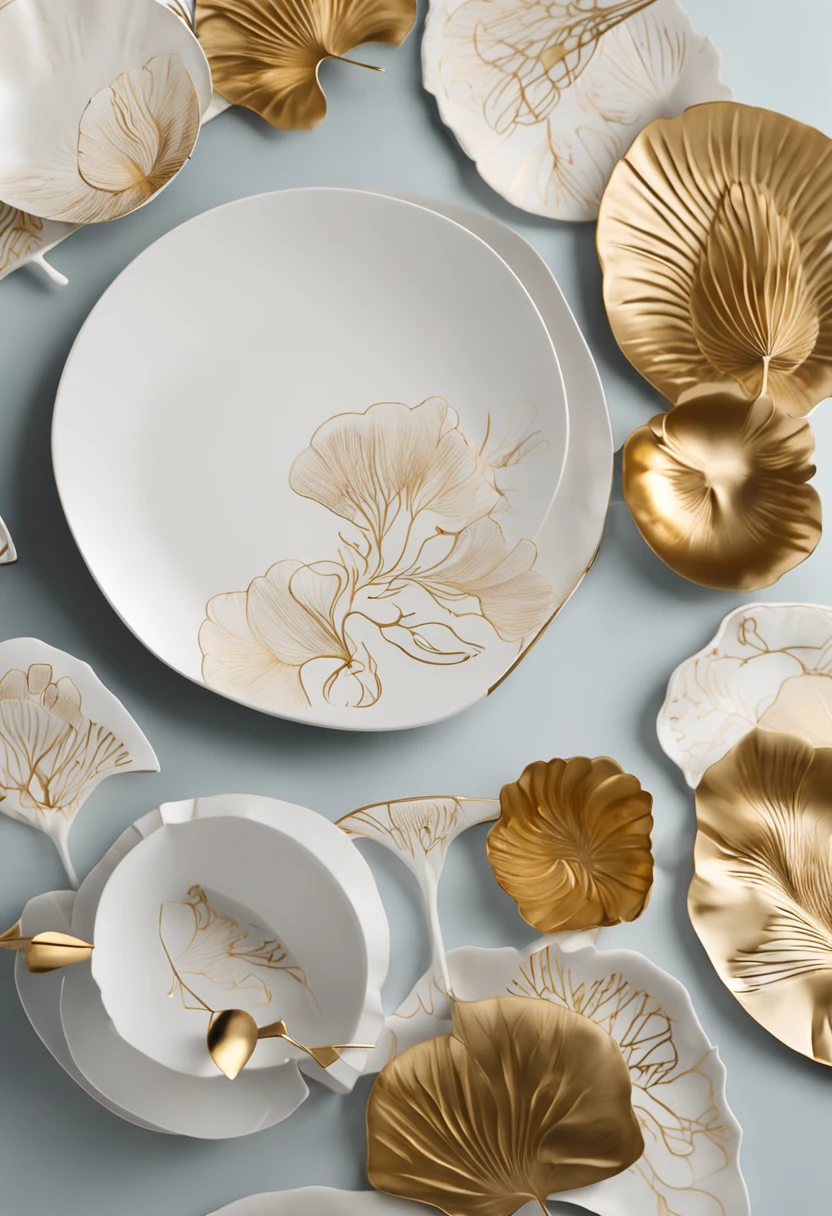 There is a bone china plate，ginkgo leaf，China-style，Bone china plate design artwork，Modern artwork，top views，Best results，artwork of a，best qualtiy,8K,3D，Color decoration，top Quority，the detail，