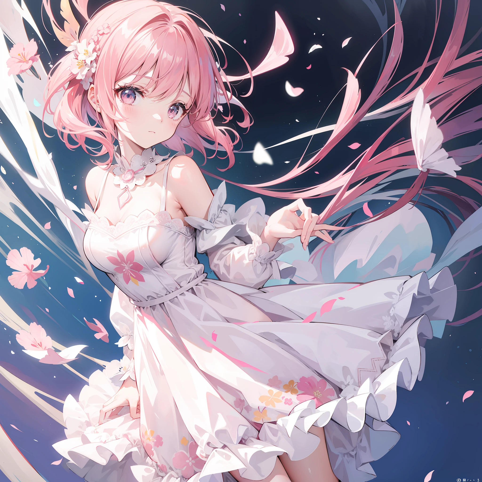 Short pink and white off-the-shoulder hair,Scallop white floral dress,Dignified and lovely teacher, Beautiful girl