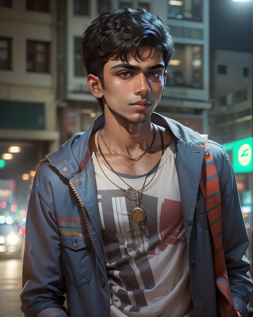 Indian Boy, portrait of 20 year old man in casual clothes, night, city street, (high resolution skin:1.2), 8k uhd, DSLR, soft lighting, high quality, film grain, Fujifilm XT3, very realistic skin,