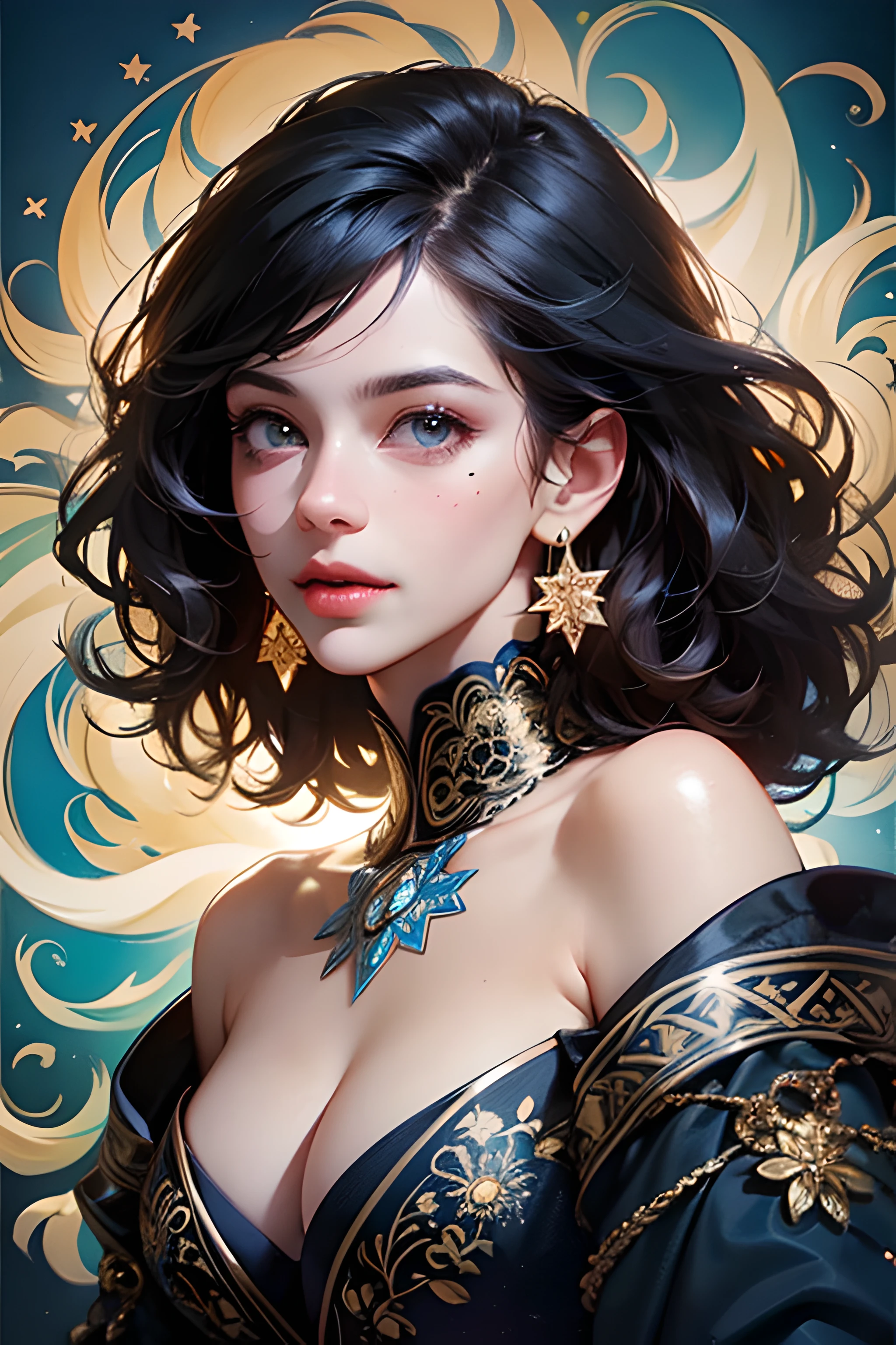 (Masterpiece, Best quality, Ultra-detailed, A high resolution, Best Illustration), Perfect face, Dark circles side illumination, Glossy glossy skin, (full bloom), (luminance), Ray tracing, 1girll, Fair skin, Light-skinned women, Solo, jewelry, Very light skin, Earrings, dark mole, Blue background, Smile, looking at viewert, Soft under the mouth, Black hair, Black eyes, Curly hair, Bare shoulders, Makeup, black shadows, Split lips, Star \(symbol\), watermarked, Edge earrings, Depth_af_Field, urban backdrop, Very detailed background, Extreme light and shadow, Beautiful detailed eyes, Perfect lighting, Perfect anatomy, (Extremely detailed illustration wallpaper 8K), Vivid colors, (zentangle, mandalas, Tangled, Tangled: 0.6), Extreme light and shadow, full bloom, Glow, Dynamic Angle,