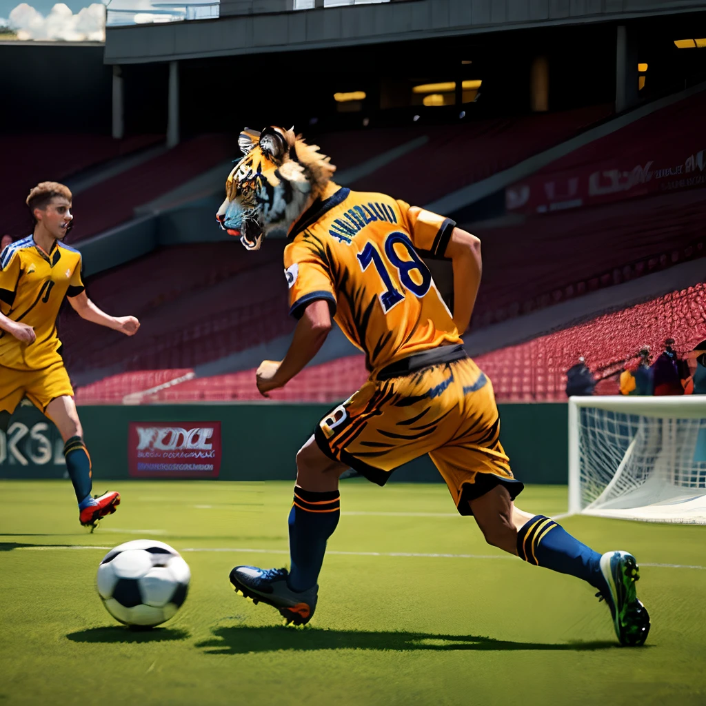 A tiger mascot playing soccer