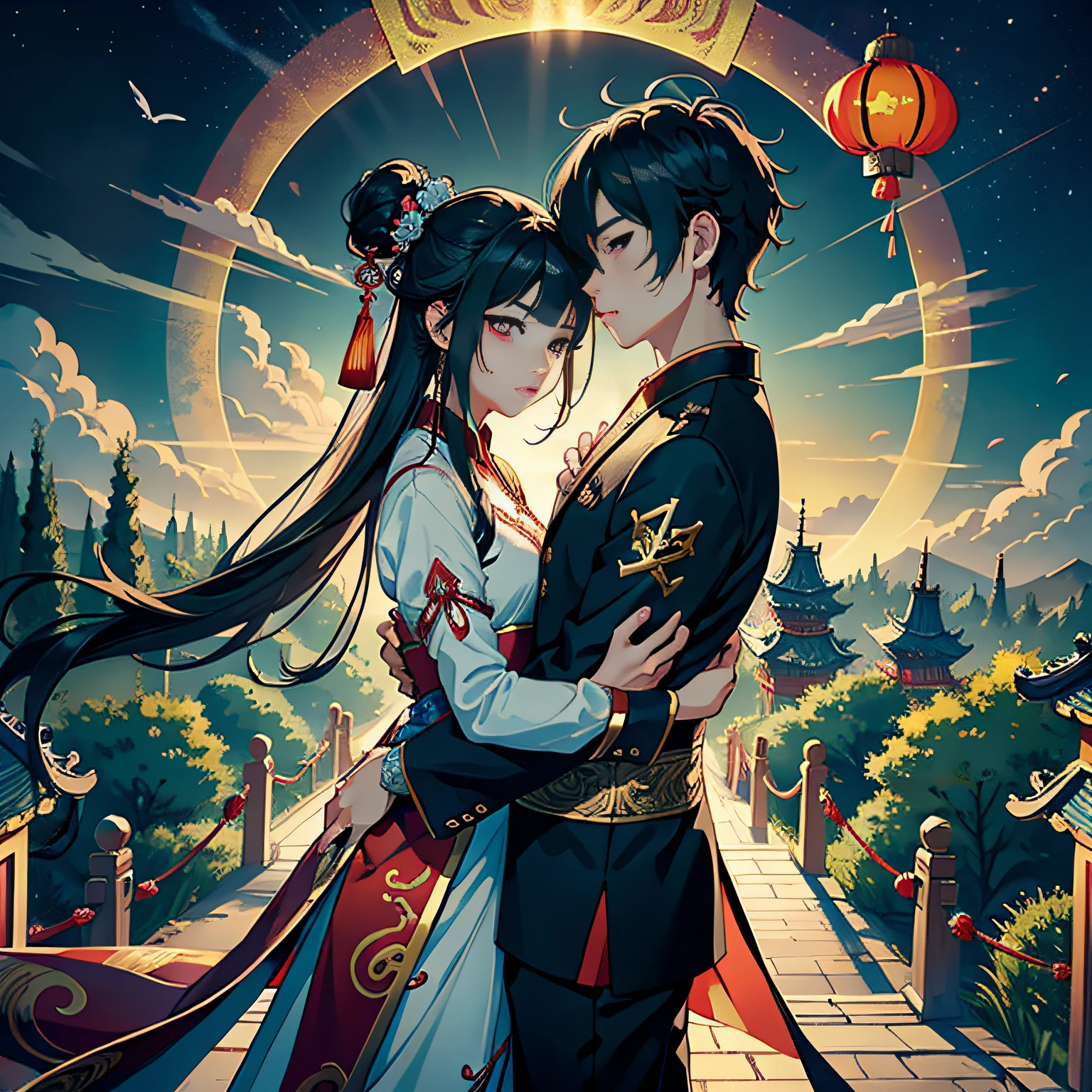 tmasterpiece，A high resolution，Complex scenes，detailed face with，CG animation，Chinese mythology and story Qixi Festival，in wonderland，bru，（Boys and girls hugging each other on the bridge），illustration，Crane，Clouds，