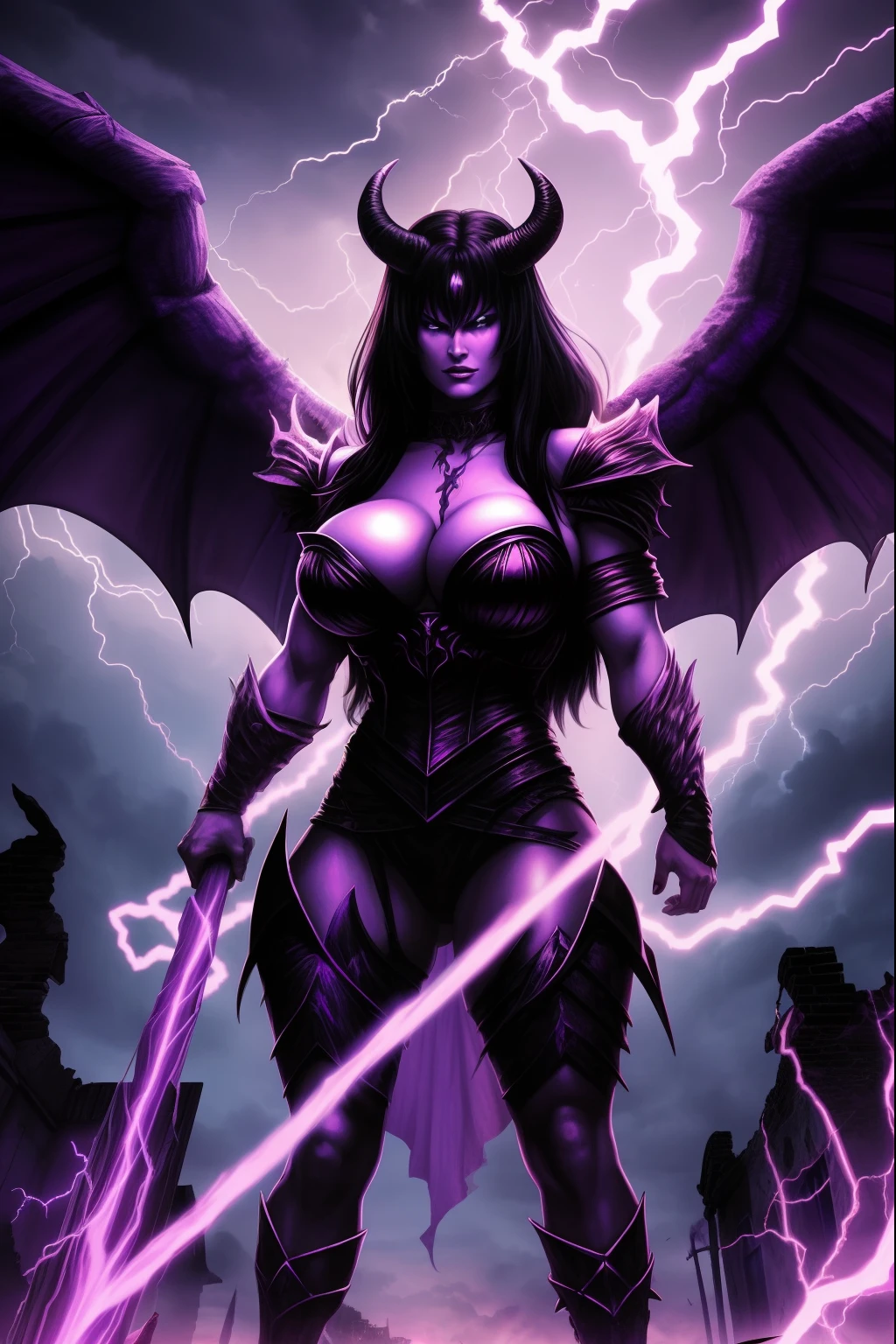 Lisa Ann as a hyper-giant, Hyper-powerful demon with a demon horn on its head and demon wings, and throws purple lightning bolts at a building, ville en ruine post apocalyptique,