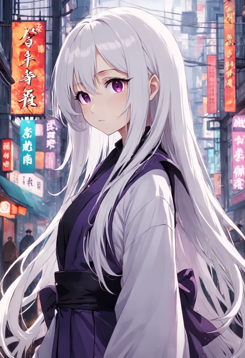 Long white hair, purple eyes, black regular clothes, girl, two-dimensional, cartoon, elegant and dignified, straight hair, upper body, Chinese girl, background for rainy days