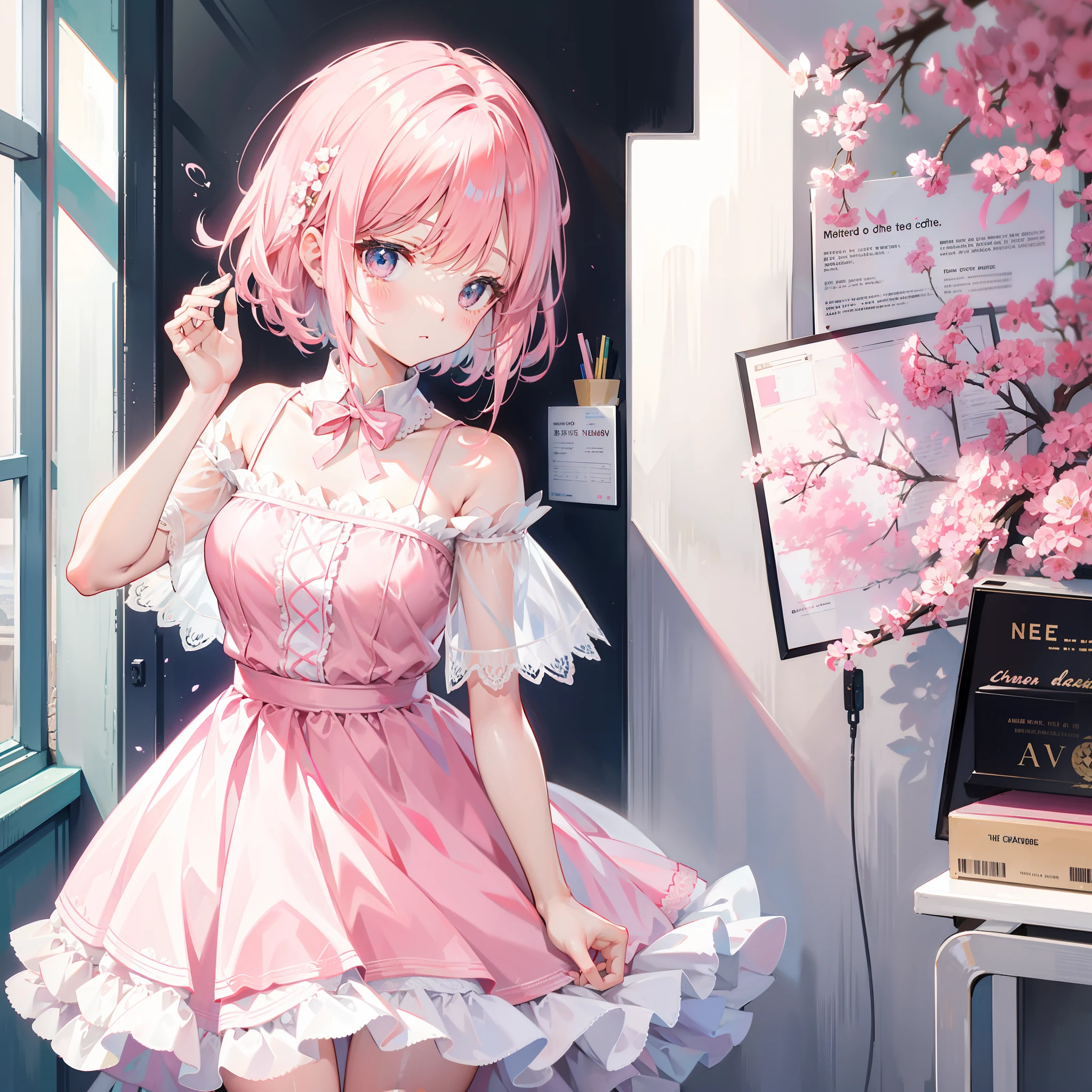 Short pink and white off-the-shoulder hair,Scalloped white floral dress,Dignified cute teacher, beautiful girl