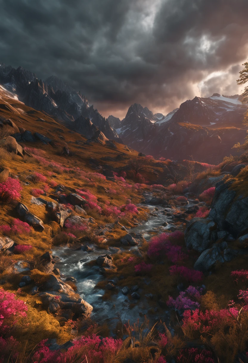(Dark magic:1.2), (Grim:1.1) forest, alps, (Intricate details), (ultra - detailed), 8k hdr, high detal, A lot of detail, High quality,dingdall effect (Colored:1.3)