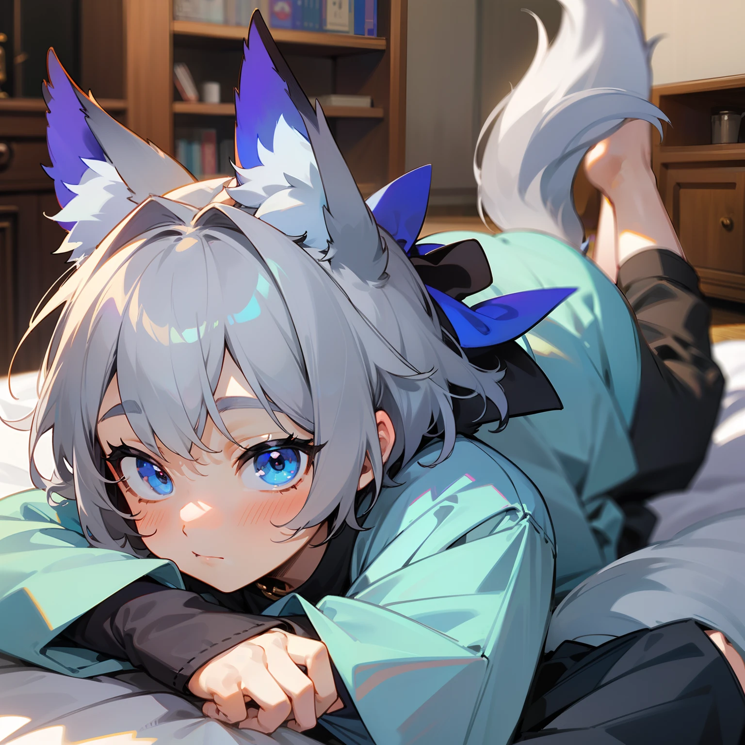 (1boy), (Shota), (HD quality, masterpiece level), Cute Teen Characters, Dark gray hair, Blue eyes, (Wolf ears), (Wolf tail), one tail, (No ears), (Little Boy), (Ears are covered), (hair covered ear), a pinch of blue bangs, fully body photo, chubby face, Random expressions, pretty feet
