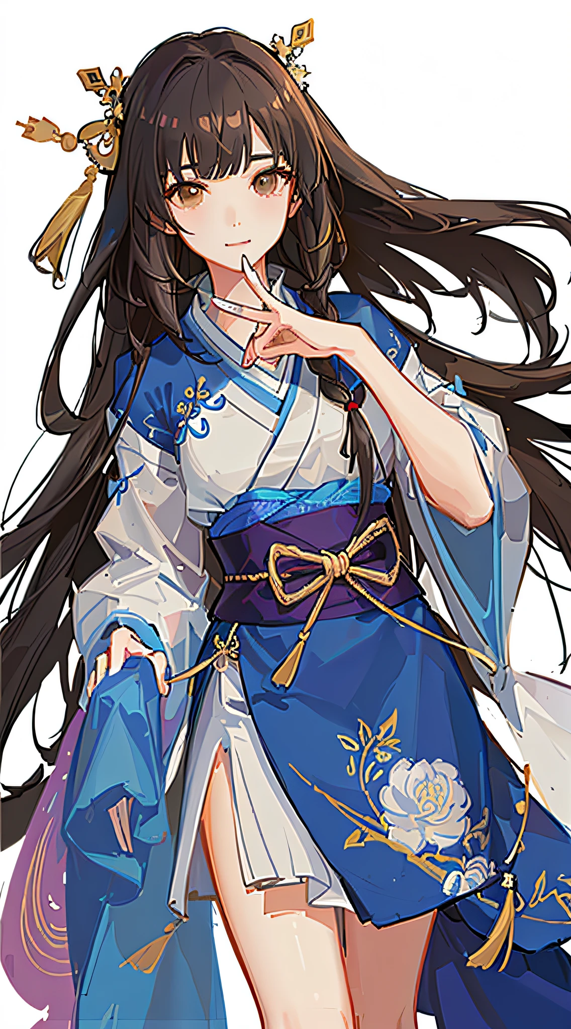 Kizi,full bodyesbian,(Face details:1.2),tmasterpiece,Fashionab,Hanfu,,mid hair,brunette color hair,dual horsetail,Qi bangs,Brown eyes,best qualtiy,ultra - detailed,16k
