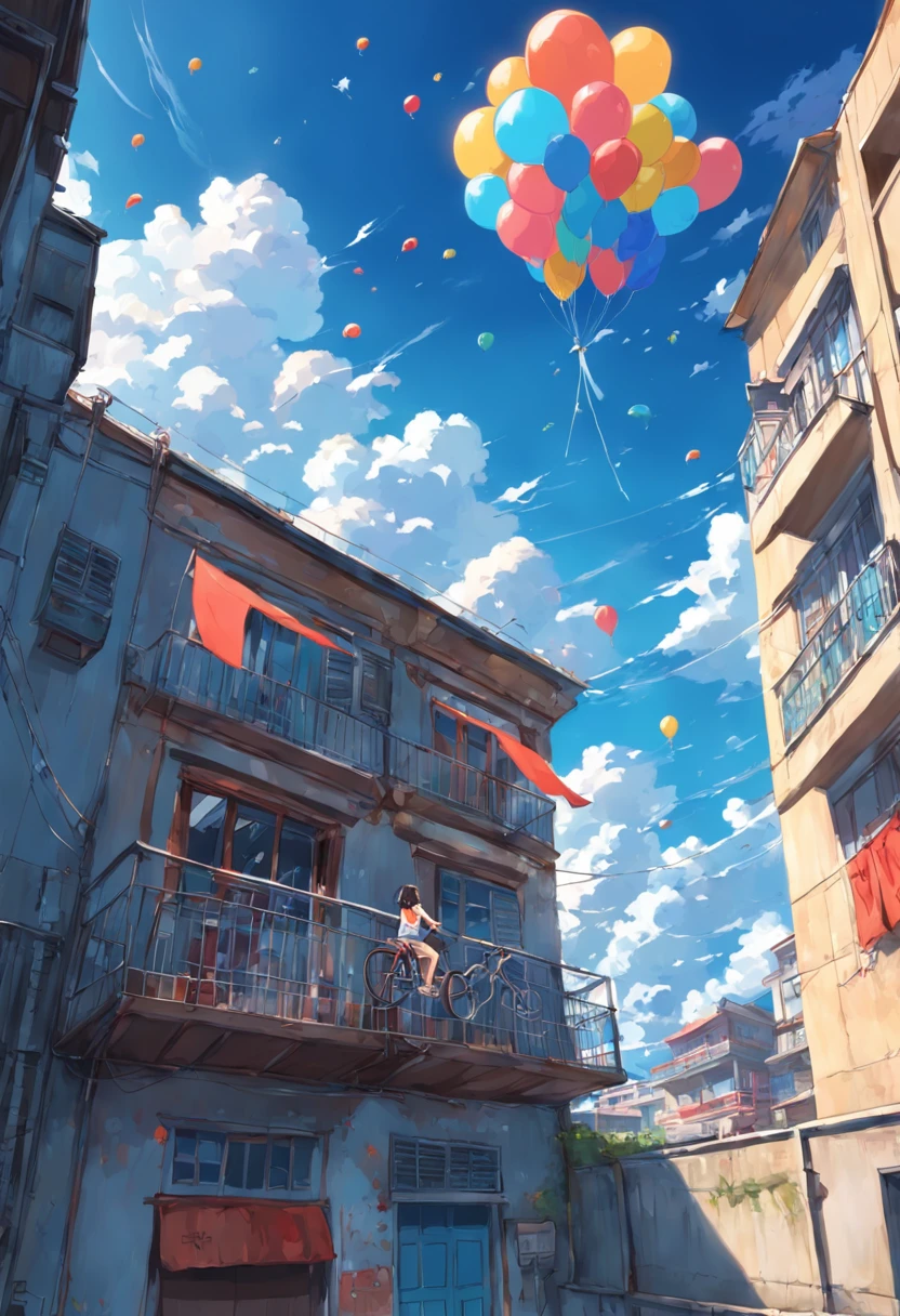 hot sunny day, alone girl, short pants, lollipop, balcony, taken from outside balcony, balloons and kites in sky, deep blue sky, nostalgic, bicycles below balcony, warehouse kind of building, ultra detailed, 8k, digital painting, reminiscing