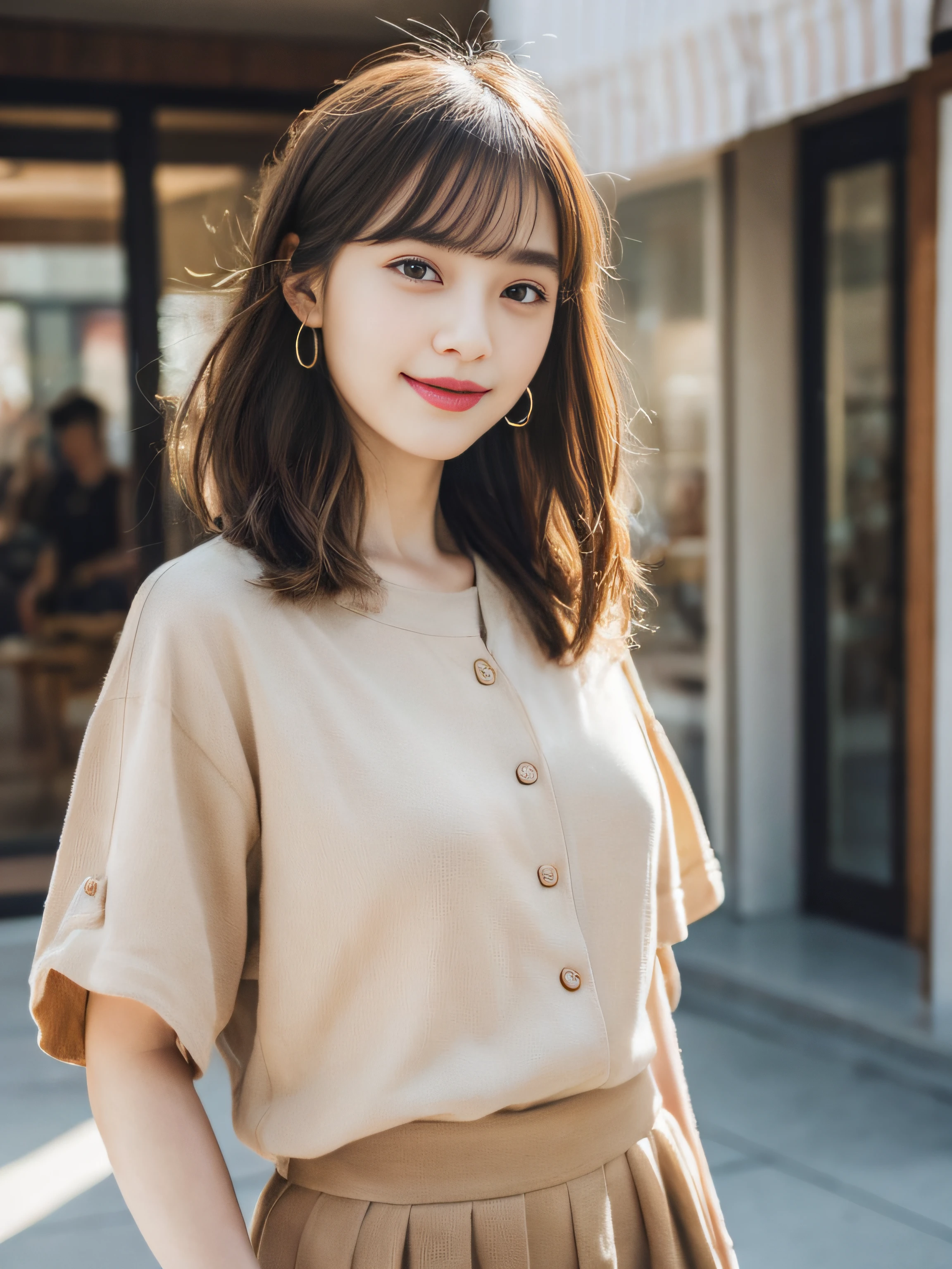 (8k, RAW photos, top quality, masterpiece: 1.2), ultra detailed, super resolution, (real, real photos: 1.37), portraits, high definition RAW color photos, professional photos, very detailed and beautiful, highly detailed, 8k wallpapers, amazing details, huge file size, official art, highly detailed CG Unity 8k wallpapers, highly detailed beautiful girls, highly detailed faces, Highly detailed eyes, Highly detailed skin, Highly detailed fingers, Highly detailed nose, Highly detailed detailed mouth, Perfect anatomy, Highly detailed background, Highly detailed clothing, (18:1.2), 30s, Cute girl, Famous Japan idol, Cute, Realistic Body, Petite, White skin, Radiant skin, Slim body, Handsome body, Brown hair, Short curly hair, (Blunt bangs: 1.2), smile, cute, youthful, pretty face, realistic face, delicate eyes, sagging eyes, beige shirt, skirt, earrings, camera gaze, front facing, standing, contrappost, high street, dynamic lighting, indoor