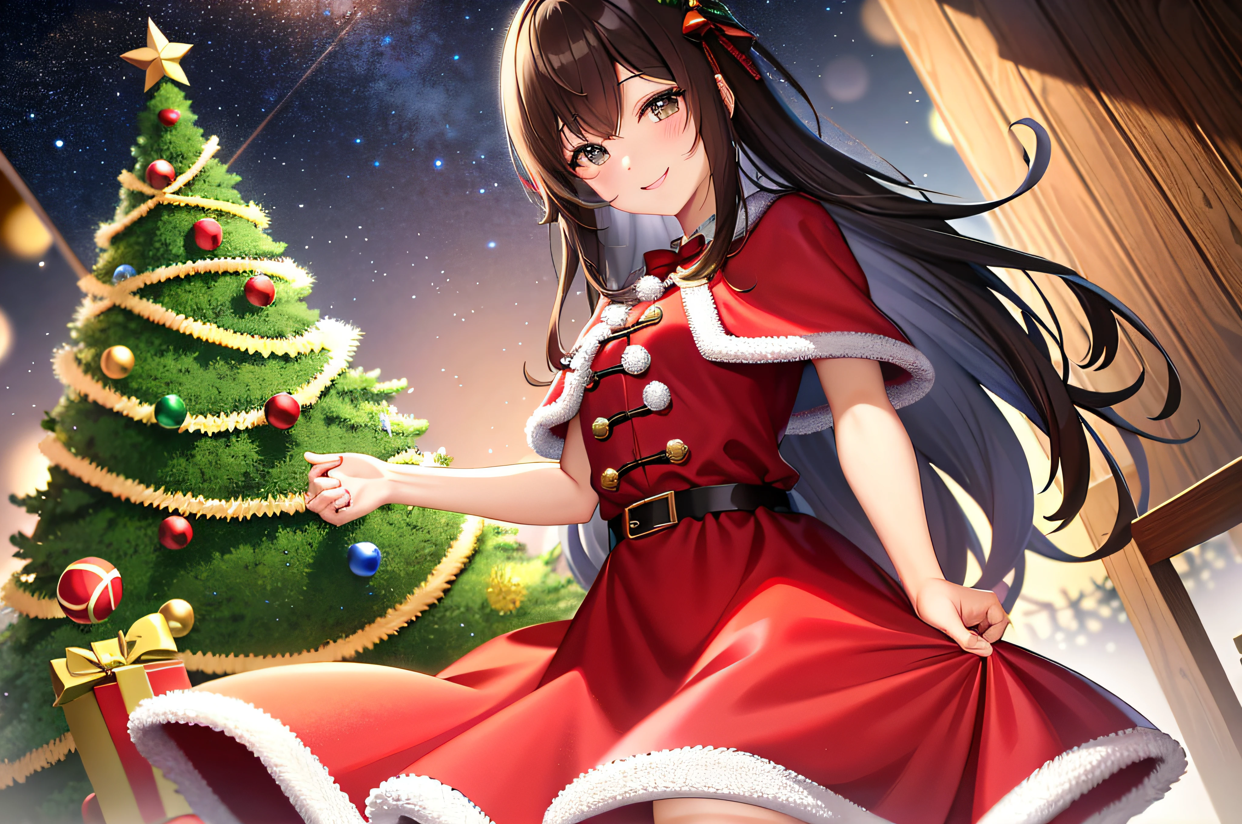 Christmas、masterpiece、top-quality、Very Detailed Masterpiece、hight resolution、8K、Christmas tree、Christmas_Dress、Santa Claus costume、a smile、ssmile、独奏、 Brown hair