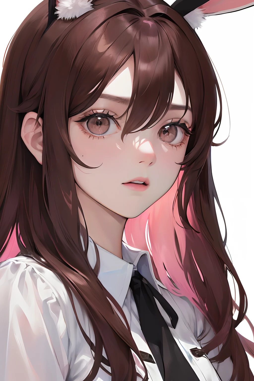 Anime girl with long brown hair wearing a white shirt and black tie ...