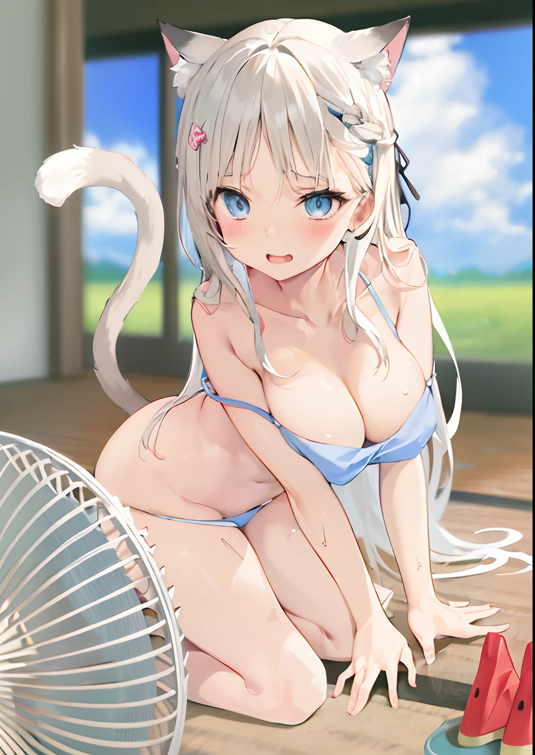 Anime girl sitting on floor with cat ears and bikini, White Cat Girl, cute anime catgirl, beautiful anime catgirl, anime catgirl, [ 4 K digital art ]!!, Very beautiful anime cat girl, Attractive cat girl, shikamimi, very beautiful cute catgirl, anime cat, cat woman, nyaruko-san, small curvaceous loli