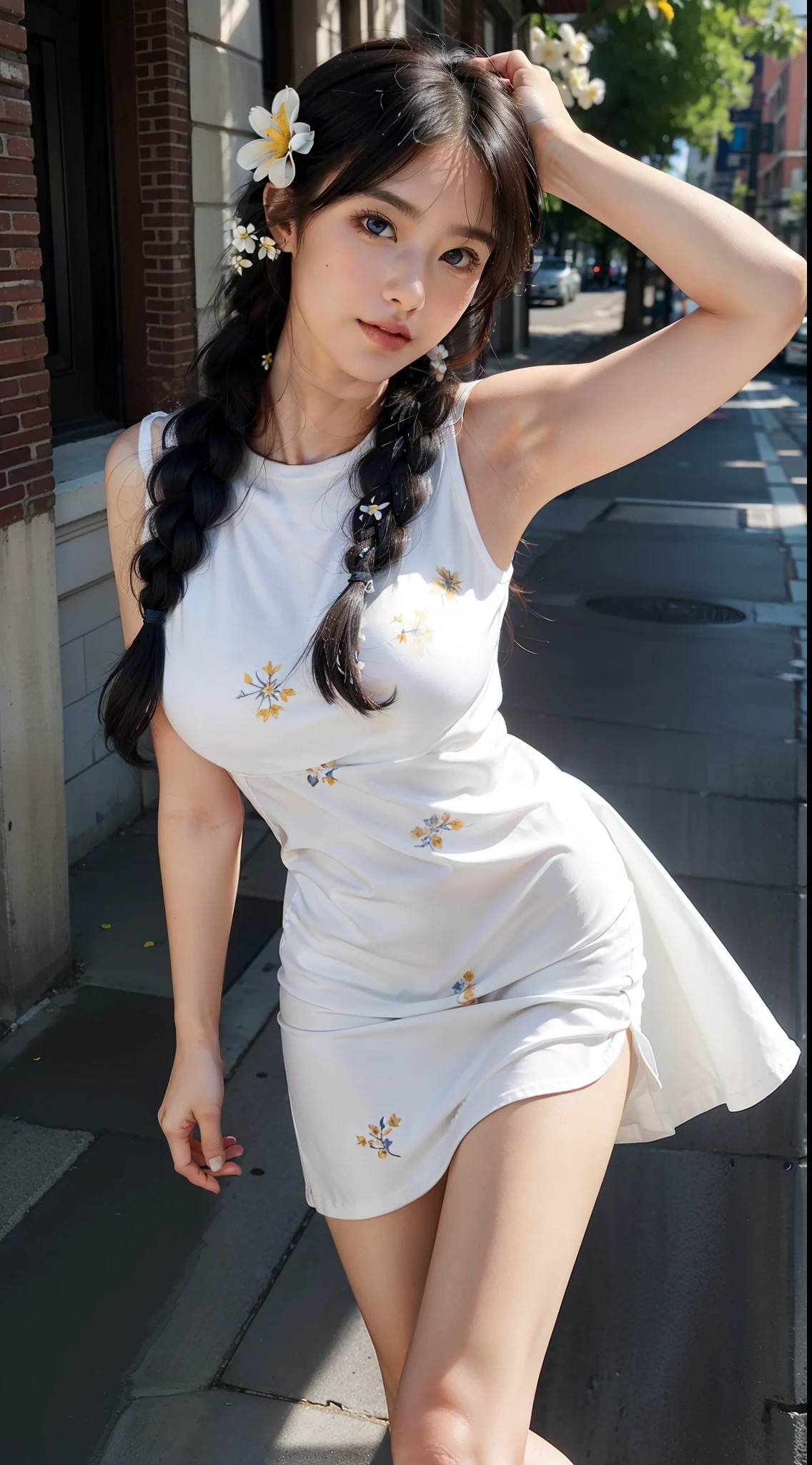8k, highres, ultra detailed, (masterpiece:1.4), best quality, symmetrical body, a beautiful 18 year old student, (white weightless casual dress with flower pattern:1.5), full body shot, cute, solo, long hair, black hair, braid hairstyle, blue eyes, glow effect, finely eye, detailed face, looking at viewer, smilling at viewer, leaning forward, dominant look, seductive, big breasts, sun, rim light, in the city, (sexy pose:1.4)