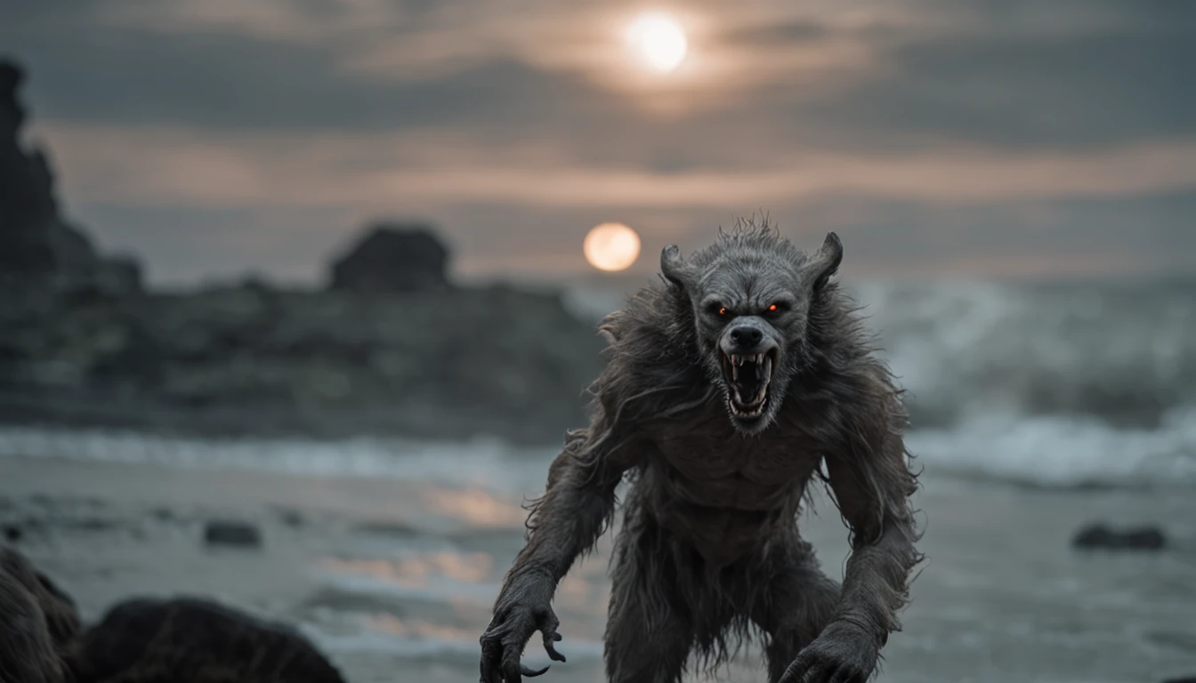 Werewolf standing, de costas com pescadores ao fundo e lua cheia, 8k, (insanamente detalhado:1.5), fotografia de corpo inteiro, , pele detalhada, pale skinned, atacando pequena vila, werewolf 4k
