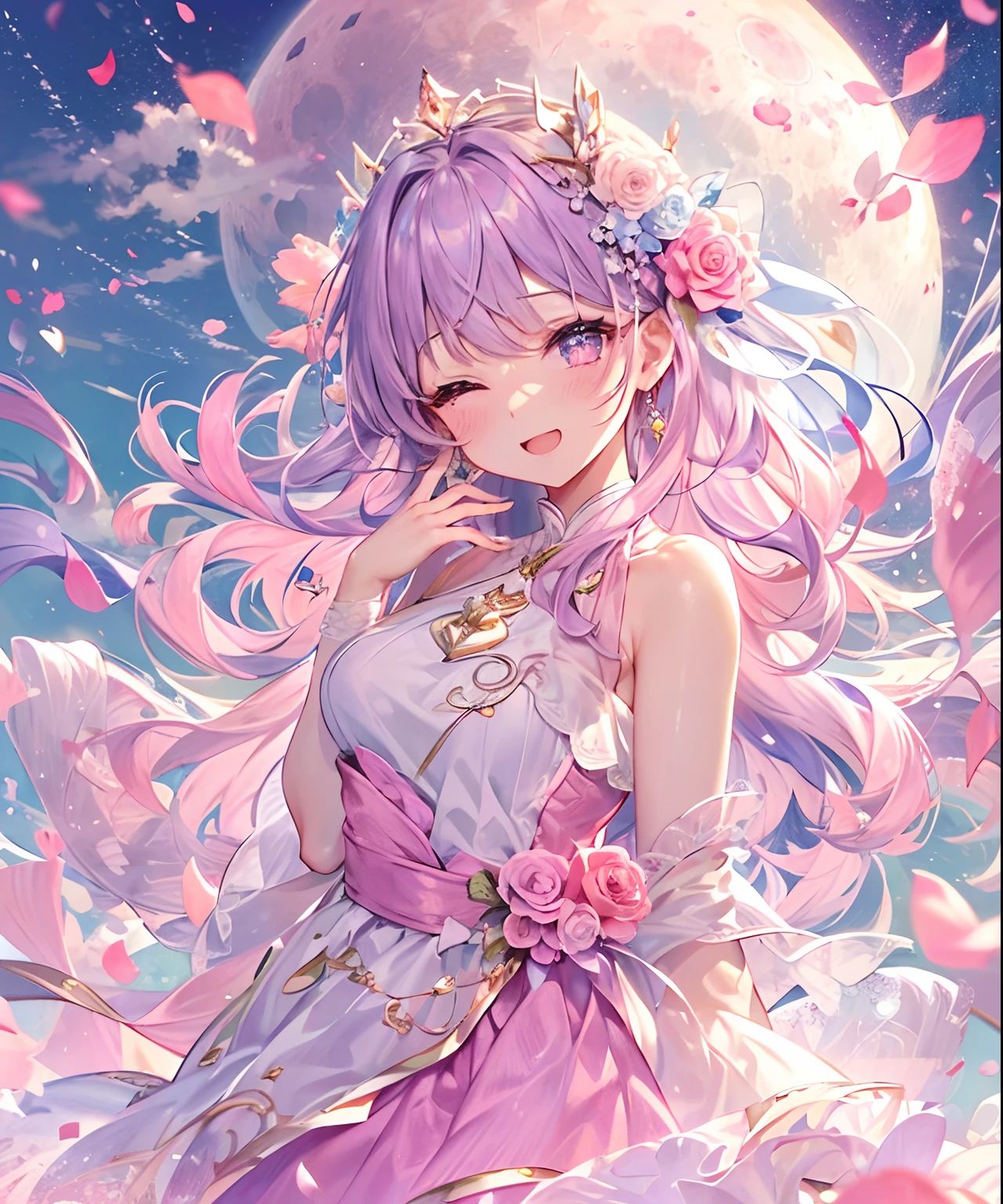 (((masterpiece)))、(((top-quality)))、((ultra-detailliert))、(illustratio)、((extremely delicate and beautiful))、、Bright smile、floating、Light purple hair、(Detailed light) (1girl in)、、独奏、The long-haired、The wind is blowing、A WORLD、(cute eye)、Pink Moon、pink sky、Soft pink clouds、Pink ocean waves sparkle、glinting、Pink roses in a pink sea、Fantasia、Diamonds、diadems、kosmos、Soft light、