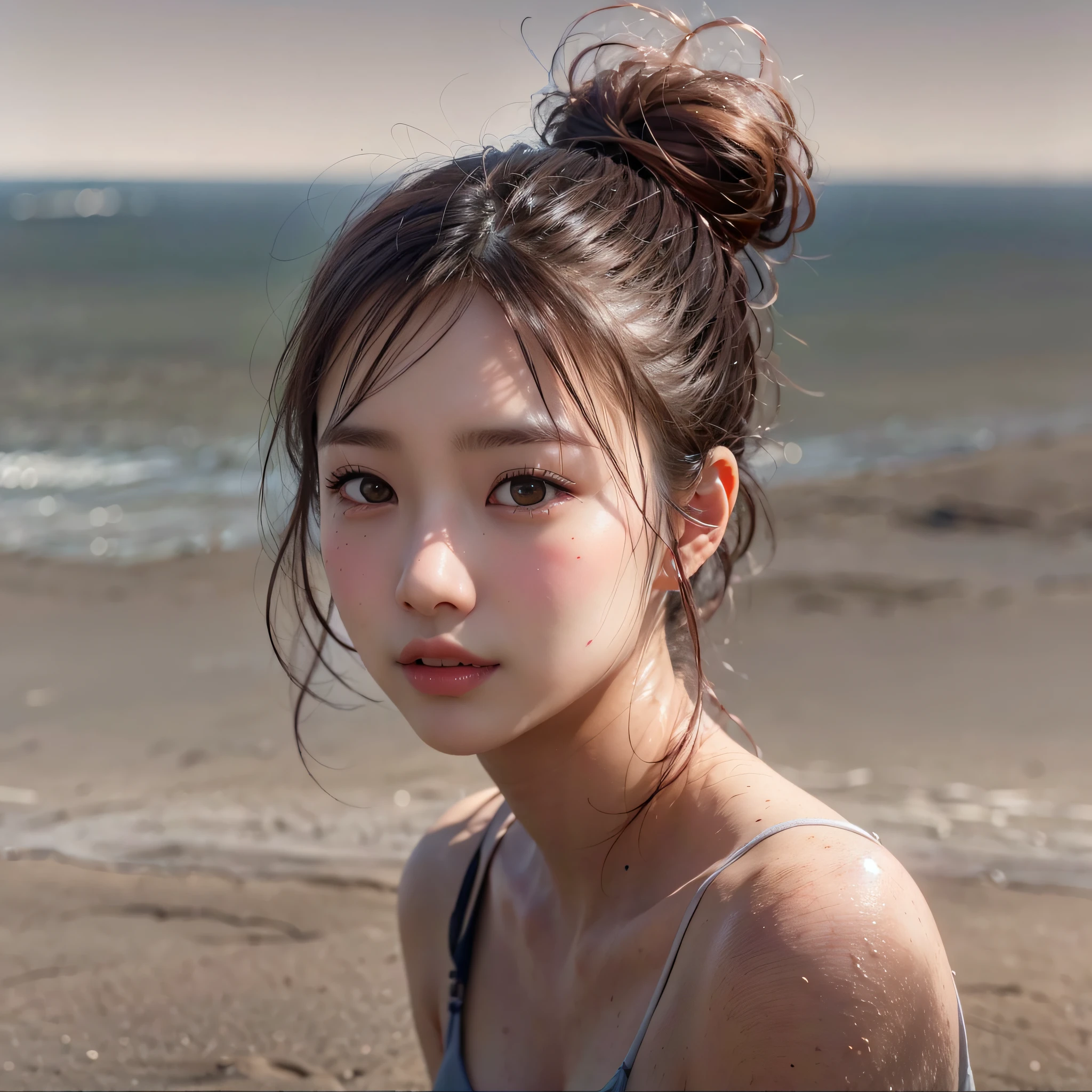 (realistic:1.3), (sharp focus:1.3), (1girl), (upper body:1.3), (Swimming suit), (shiny skin), small breasts:1.2, (high shadows detail) , Empty sandy beach, Sitting on the sandy beach, (asian girl, ultra delicate face, ultra Beautiful fece, ultra delicate eyes, ultra detailed nouse, ultra detailed mouth, ultra detailed facial features), (hair bun, single braid, dark brown hair)