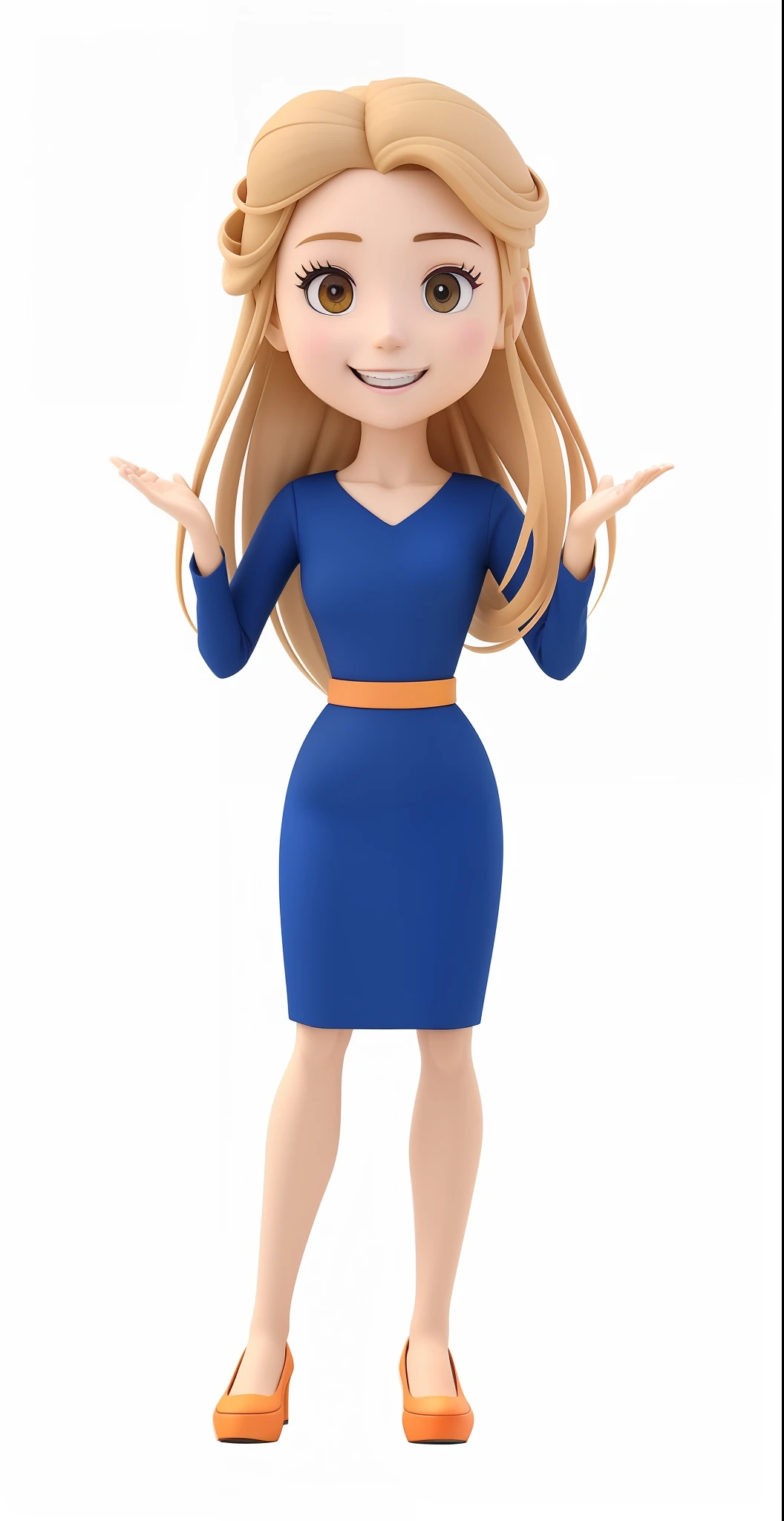 garota jovem, sorrindo, Um closeup de um personagem de desenho animado, vestido longo azul, cabelos loiros, cinto laranja, sapatos femininos laranjas, personagem estilizado, animation character, render 3d estilizado, Personagem 3D, Personagem altamente detalhado, Anime estilizado, 3D estilizado, render personagem, modelo de personagem, hands open in surprise