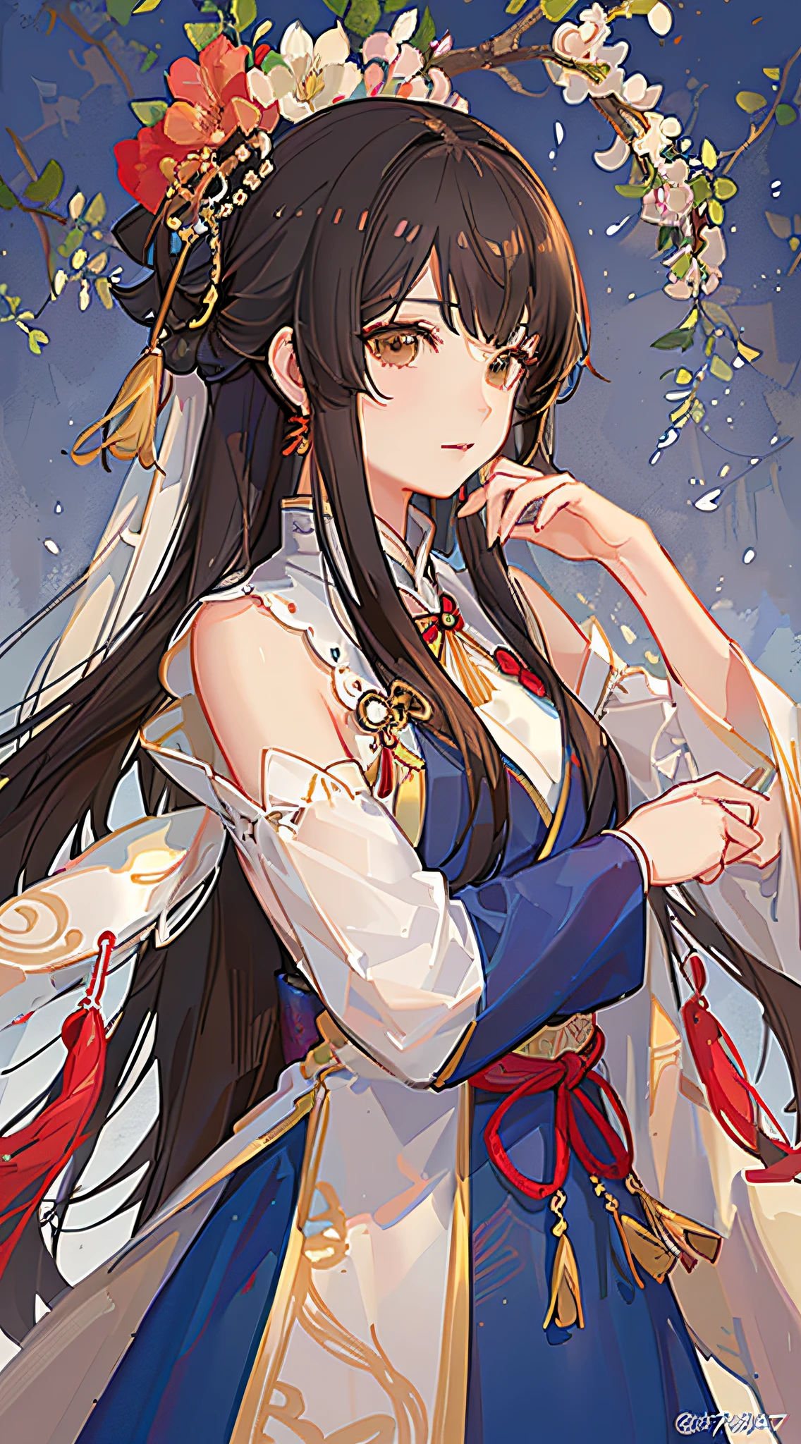 Kizi,full bodyesbian,(Face details:1.2),tmasterpiece,Fashionab,Hanfu,,mid hair,brunette color hair,dual horsetail,Qi bangs,Brown eyes,best qualtiy,ultra - detailed,8k