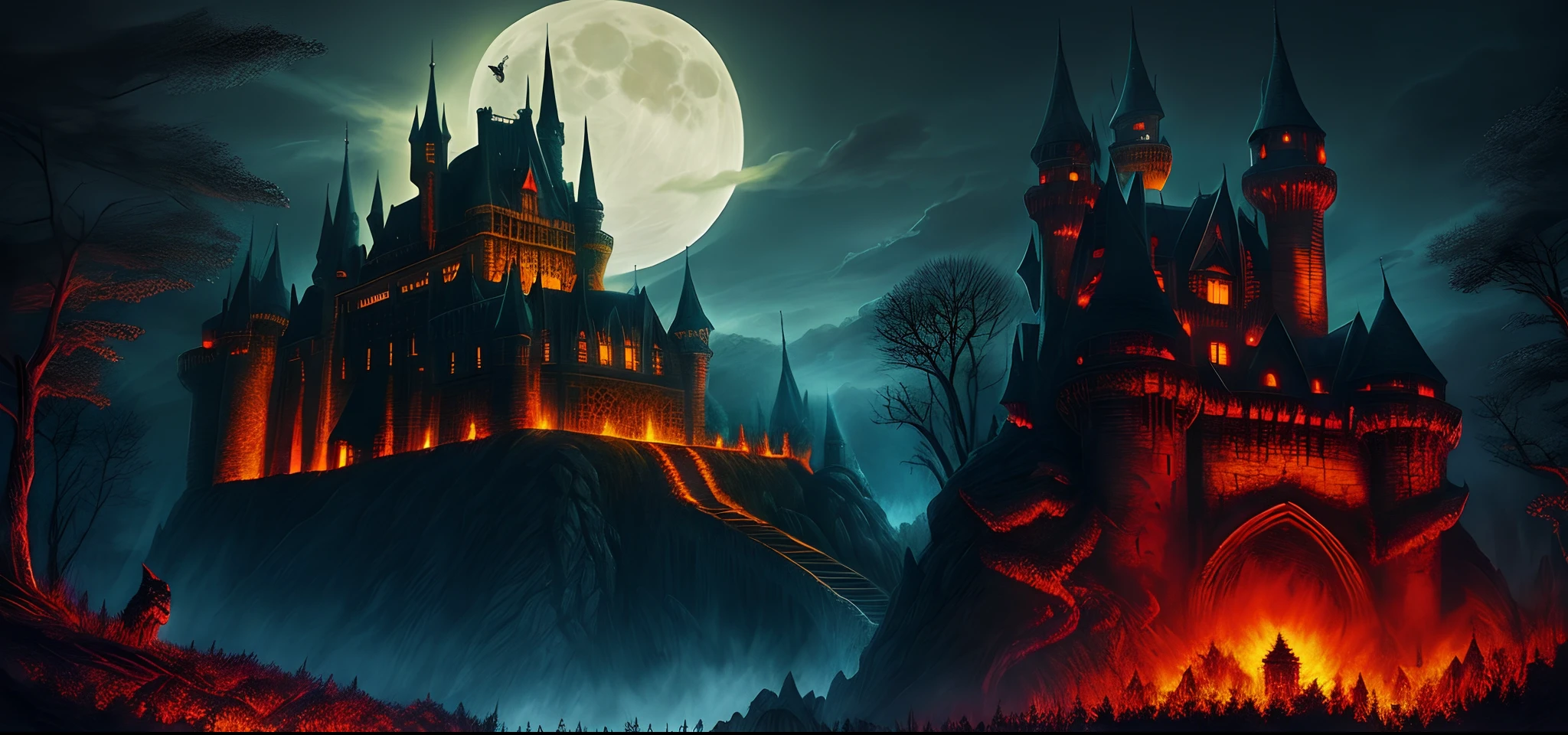 An evil dark castle, there is scorched earth on fire all around the castle, there are evil creatures lingering in the forest burning around the castle, masterpiece, super high detail, hyper realistic, night time picture with a full moon