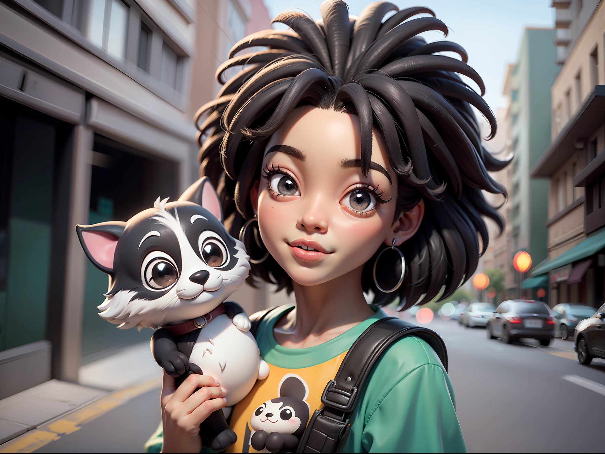 chibi digital avançado a cartoon character holding a small dog on a city street, menina negra, arte do filme, Foto limpa, Ghailan!, Como um personagem da Pixar, jovem bonito, cabelo afro, grace and blessing, renderizado em irreal, imagem promocional do filme, imagem renderizada - (afro:0.9), afro:1.2
