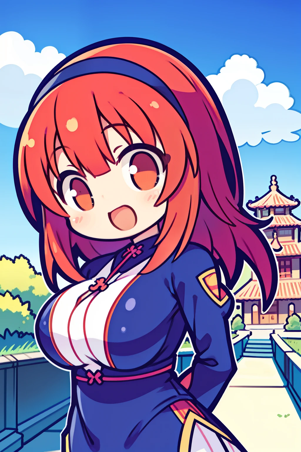 Illustration, masutepiece, Best Quality, Anime, Highly detailed face, Highly detailed eyes, Highly detailed background, Perfect Lighting, 1girl in, Solo,Akaihaat, Standing, Upper body, Smile, Open mouth, Outdoors, day, Blue sky, skyporn, temple, Looking at Viewer, stairs, mont, face to the viewer,