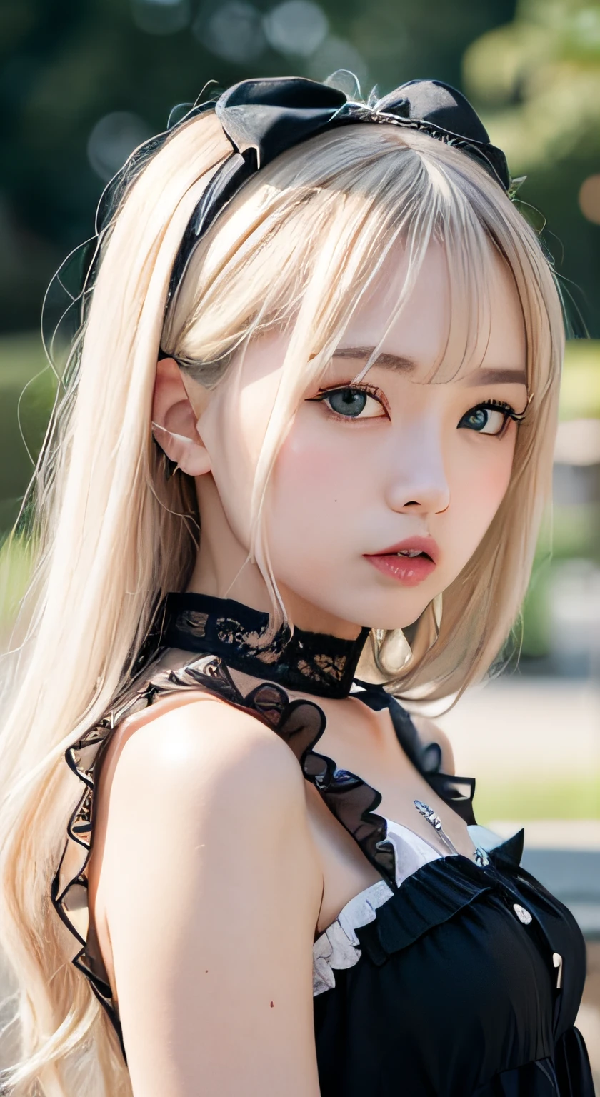(masutepiece, Best Quality:1.2), 8K, 85 mm, Official art, Raw photo, absurderes, Platinum Blonde Hair, (Blue eyes, ta Fashion, sweetlolita, Gothic, Dress:1.2), Idol face, Upper body, Beautiful Girl, gardeniass, Copenhagen, Short sleeve, Elegance, Sophisticated, gardenia, Looking at Viewer, Film grain, chromatic abberation, Sharp Focus, face lights, Dynamic lighting, Cinematic lighting, Detailed face, Bokeh background