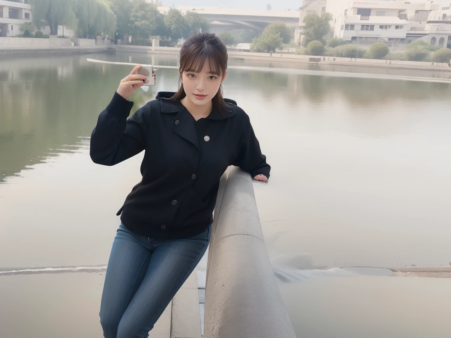 High quality,1 beautiful woman,Sit by the river and take pictures