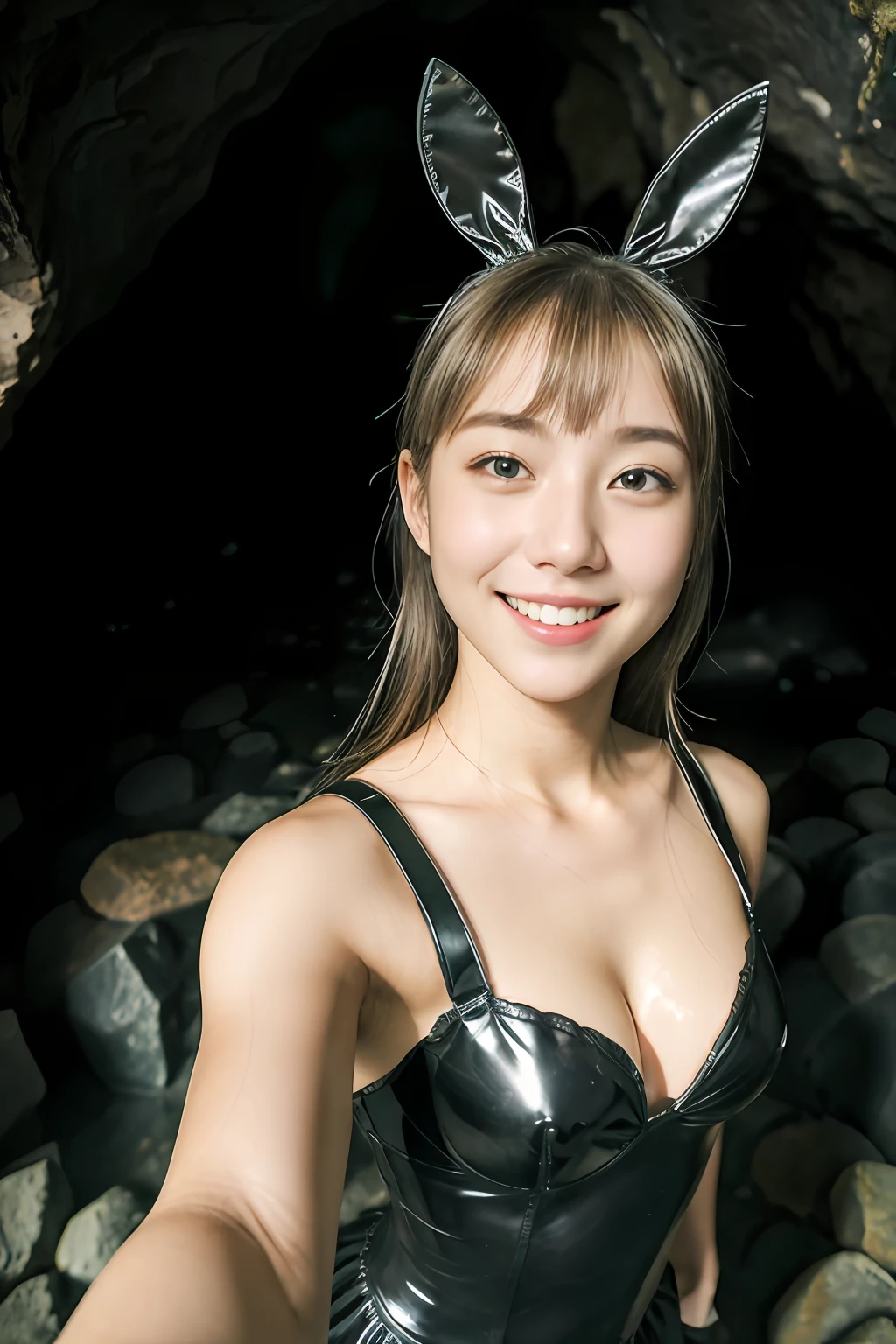 1人の女性((Upper body selfie、Happiness))、In a dark cave、​masterpiece、top-quality、ultra-detailliert、(Smooth lighting:1.05)、32K、Realistic lighting、the ground、（japanes:1）、（a blond:0.9）、gals、Wearing a black bunny costume、large full breasts、Looking at the camera、jolly、Happiness、musgo