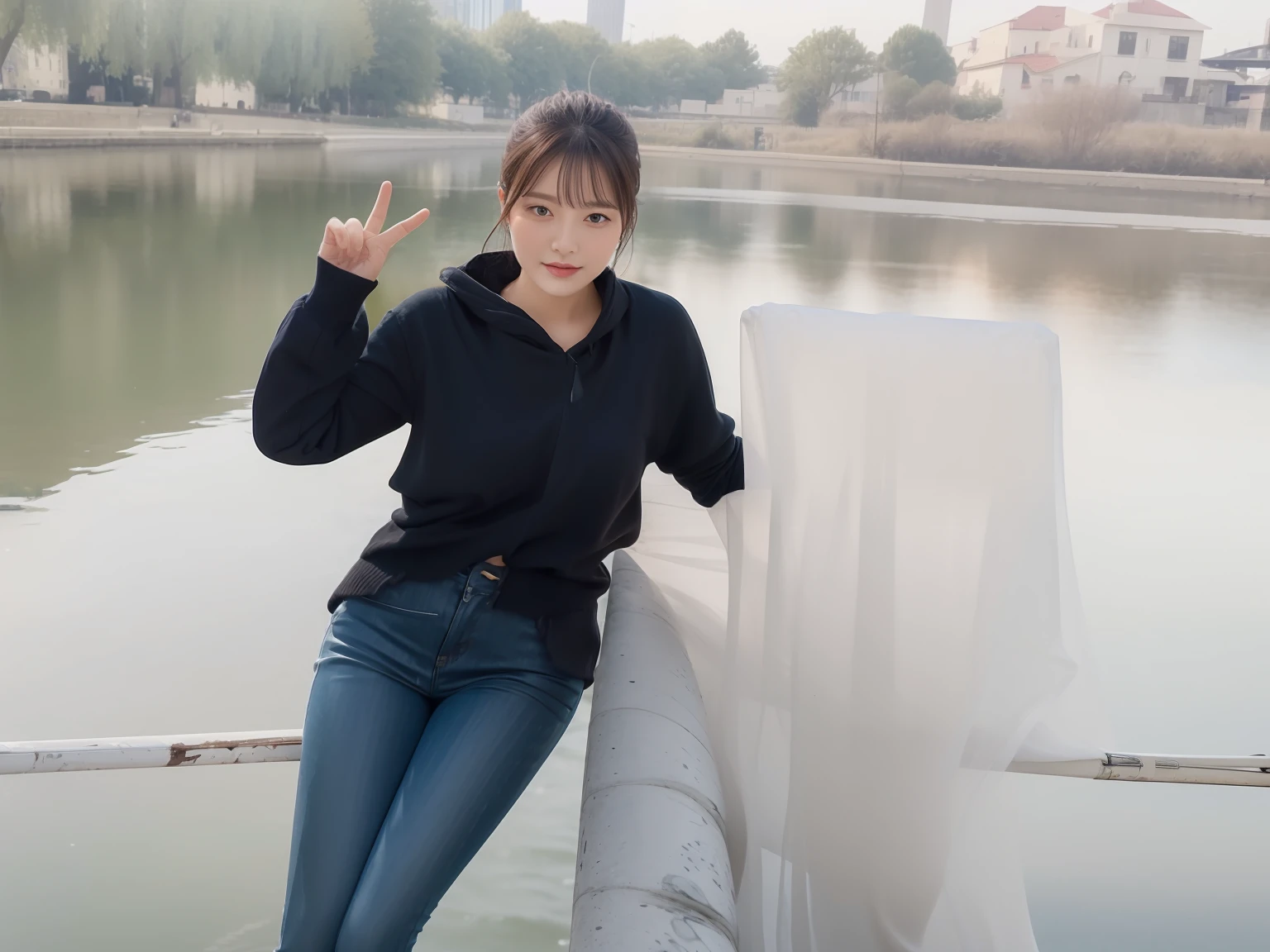 High quality,1 beautiful woman,Sit by the river and take pictures