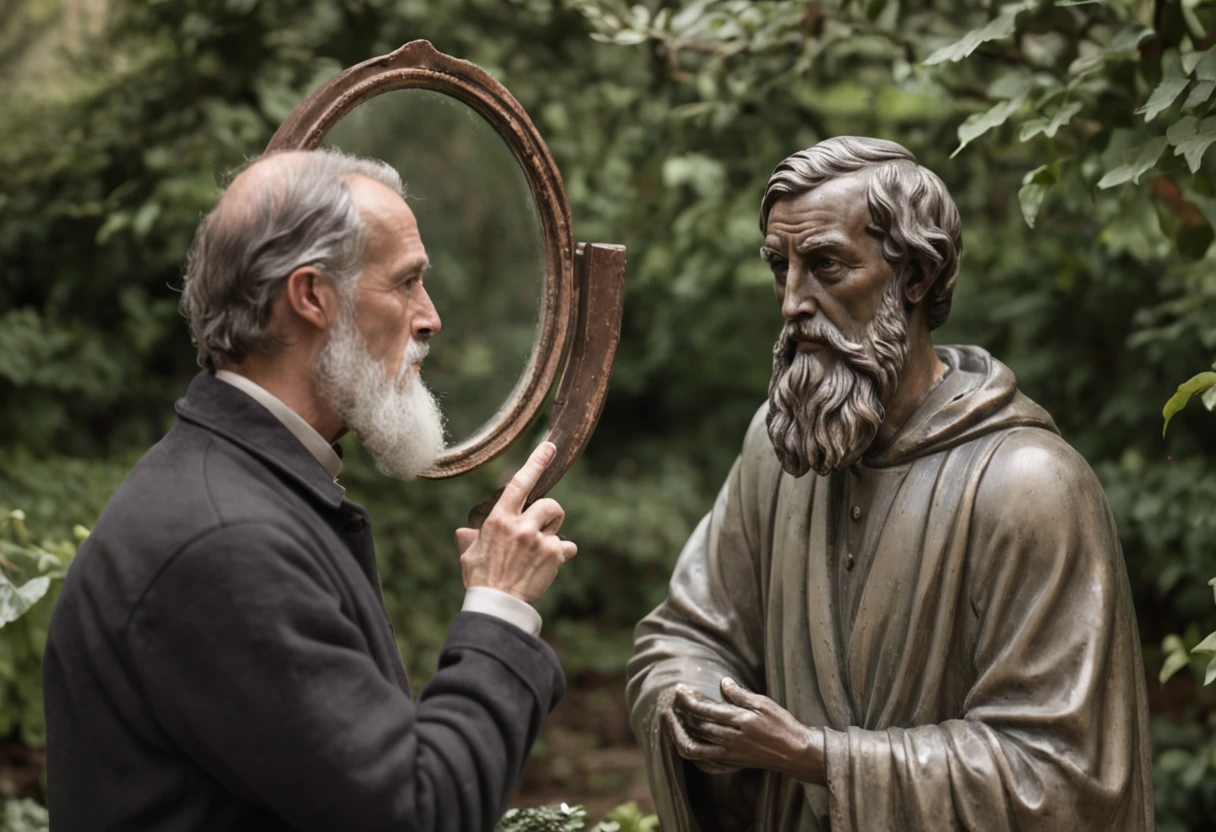 an image depicting Seneca in a peaceful garden, surrounded by antique mirrors. He is looking at his own reflection, symbolizing the importance of self-awareness and self-evaluation in Stoic philosophy. Each mirror represents a different facet of your personality and knowledge. The scene evokes the idea that looking inside yourself is the first step towards achieving inner peace.