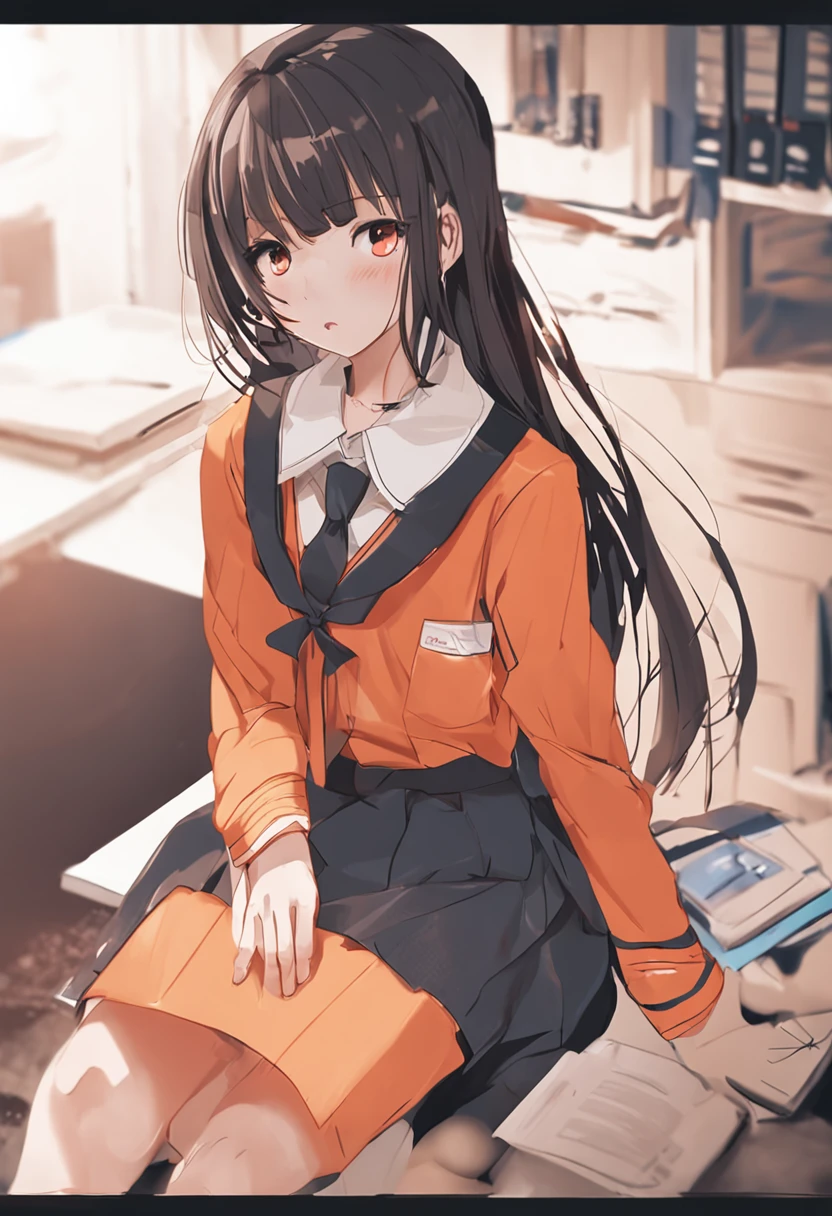 Wearing an orange school uniform，bit girl，elementary student，cute big breasts，elegant，Tied up with hair，Sit at your desk，looks into camera，book case，clean and uncluttered，White walls in the background，brightly，photore，closeup cleavage，Close-up above the chest，k hd。