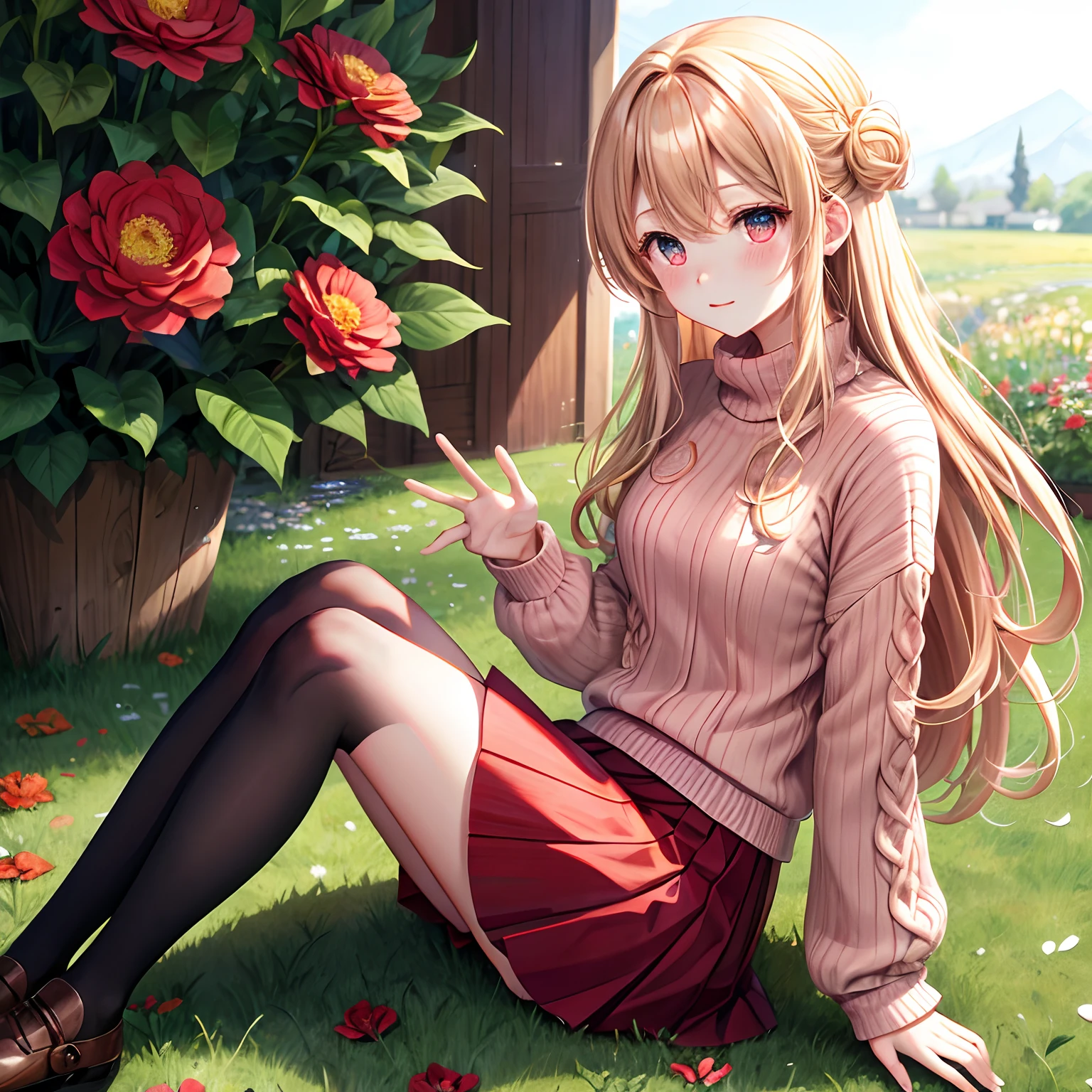 red blush、Wavy blonde hair、red eyes、Beautiful girl alone、animesque、独奏、Sweaters、a miniskirt、flower field、lonely、sitting on