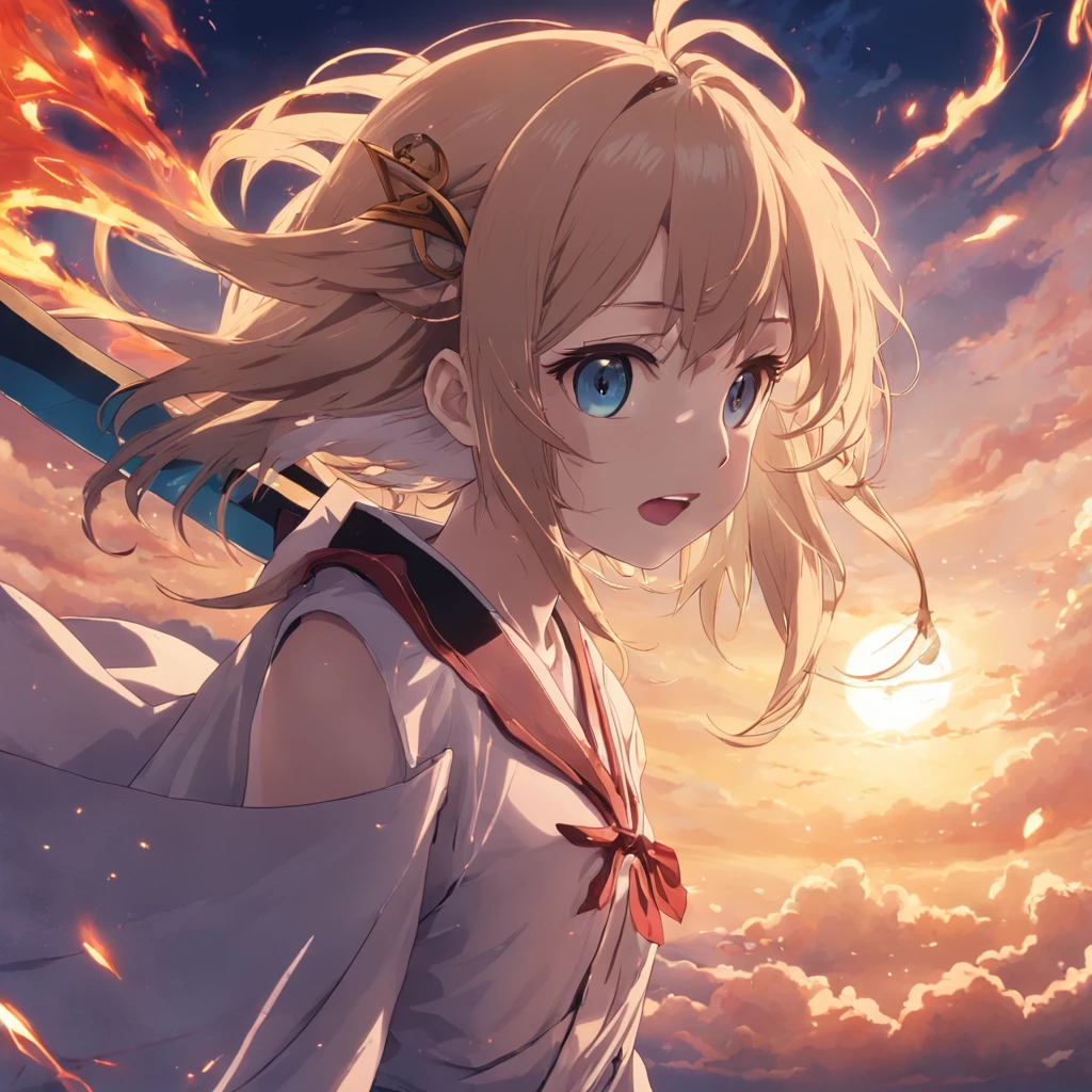 masterpiece、top-quality、Movie stills、1girl、Cloud Girl、floating in sky、a closeup、发光、happiness、Warm soft lighting、the setting sun、(Spark:0.7)、large Scythe、shinigami、Bahamut