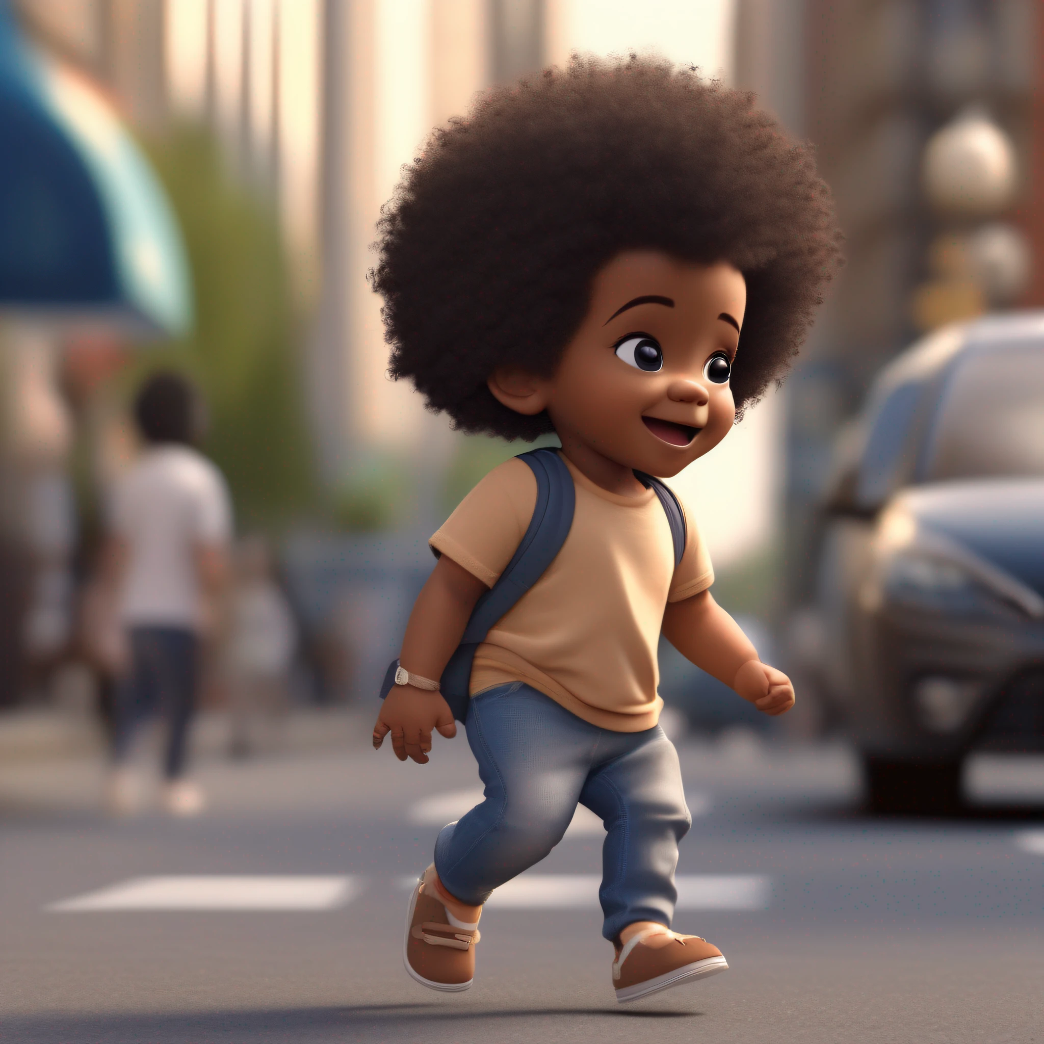 Chibi a 9 month old afro baby walking on a city street, clean photo, best quality, pixar style, curly hair, 8k, wearing summer clothes, T-shirt and jeans