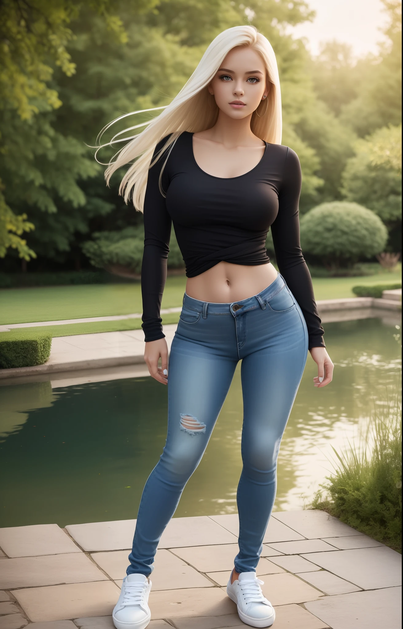 masterpiece, extremery magnificent view, perspective, extremery best quality, extremery detailed CG, 8k wallpaper, high resolution, highly detailed face, highly detailed eyes, perfect anatomy, super detailed skin,
(dynamic angle, dynamic pose:1.2), outdoors, park, tree and pond, (portrait, legs focus, full body), (beautiful face, beautiful eyes, beautiful legs:1.3),
1 girl, solo, (black top, skinny jeans:1.3), long sleeves, medium breasts, blond hair, long hair, floating hair, straight hair, open forehead, (white sneakers:1.3), blue eyes, (navel:0.8), (blue jeans:1.3), skinny, slender, wide hips, thin waist