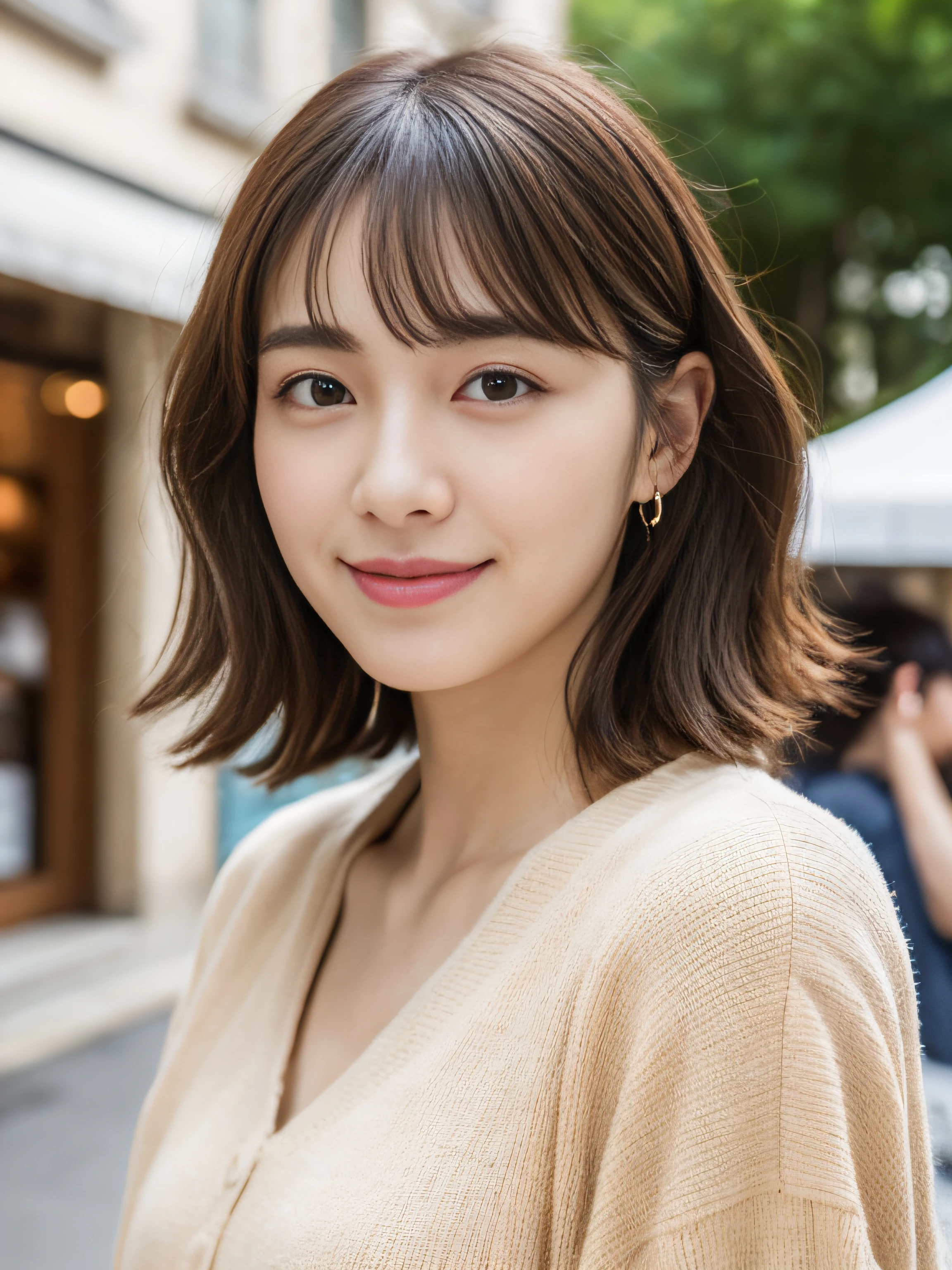(8k, RAW photos, top quality, masterpiece: 1.2), ultra detailed, super resolution, (real, real photos: 1.37), portraits, high definition RAW color photos, professional photos, very detailed and beautiful, highly detailed, 8k wallpapers, amazing details, huge file size, official art, highly detailed CG Unity 8k wallpapers, highly detailed beautiful girls, highly detailed faces, Highly detailed eyes, Highly detailed skin, Highly detailed fingers, Highly detailed nose, Highly detailed detailed mouth, Perfect anatomy, Highly detailed background, Highly detailed clothing, (18:1.2), 30s, Cute girl, Famous Japan idol, Cute, Realistic Body, Petite, White skin, Radiant skin, Slim body, Handsome body, Brown hair, Short curly hair, (Blunt bangs: 1.2), smile, cute, youthful, pretty face, realistic face, delicate eyes, sagging eyes, beige shirt, skirt, earrings, camera gaze, front facing, standing, contrappost, high street, dynamic lighting, indoor