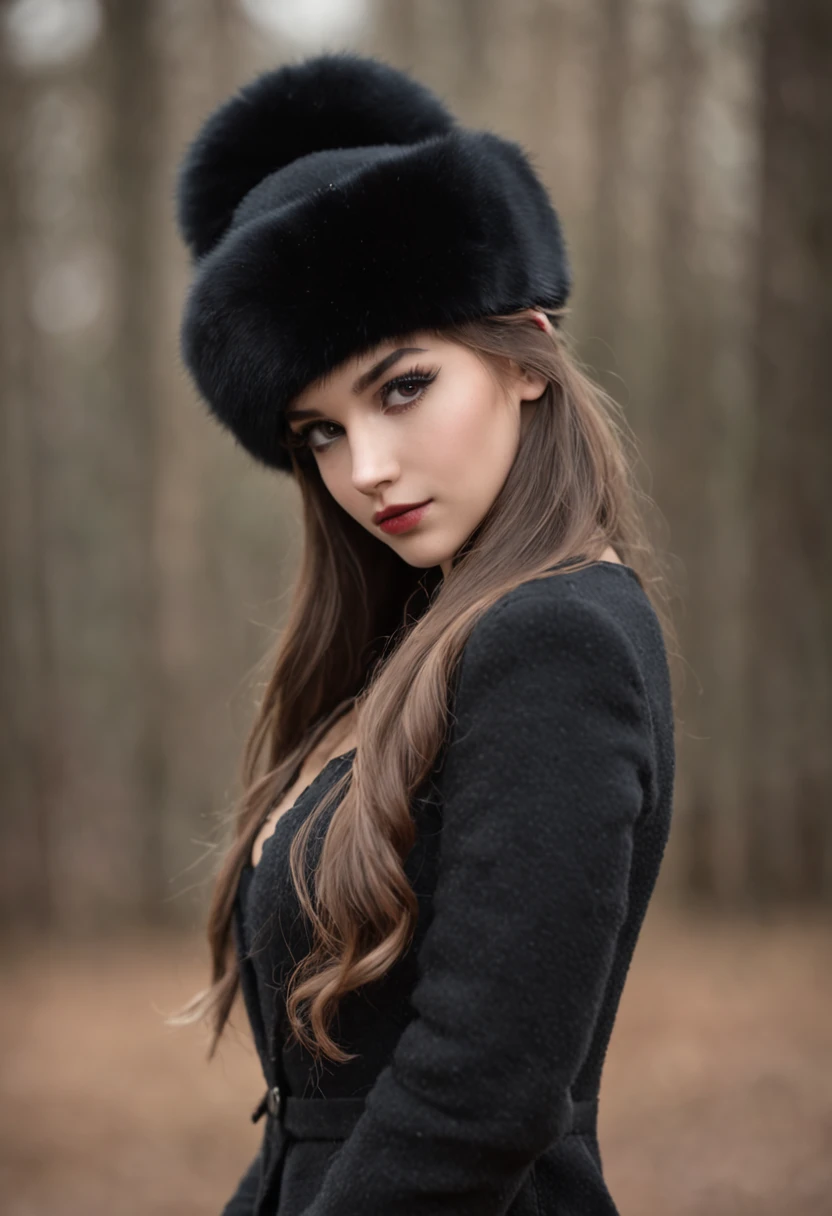 obra prima, melhor qualidade ,1girl, sozinha, loira russa com olhos azuis, usando um fur hat preto e casaco preto de inverno, parte superior do corpo, with an expression of sadness in his eyes