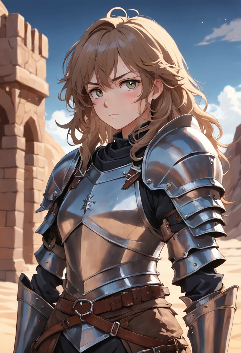 ((close-up)), woman (knight, wavy hair, on a desert place), looking at viewer, wearing (((a leather pants, cuirass, gorget, pauldron, couter, vambrace, gauntlets, cuisses, greaves, sabatons, poleyn, tasses, plackard, rerebrace, breastplace, faulds, scabbard, gardbrace, shoulder armor)))