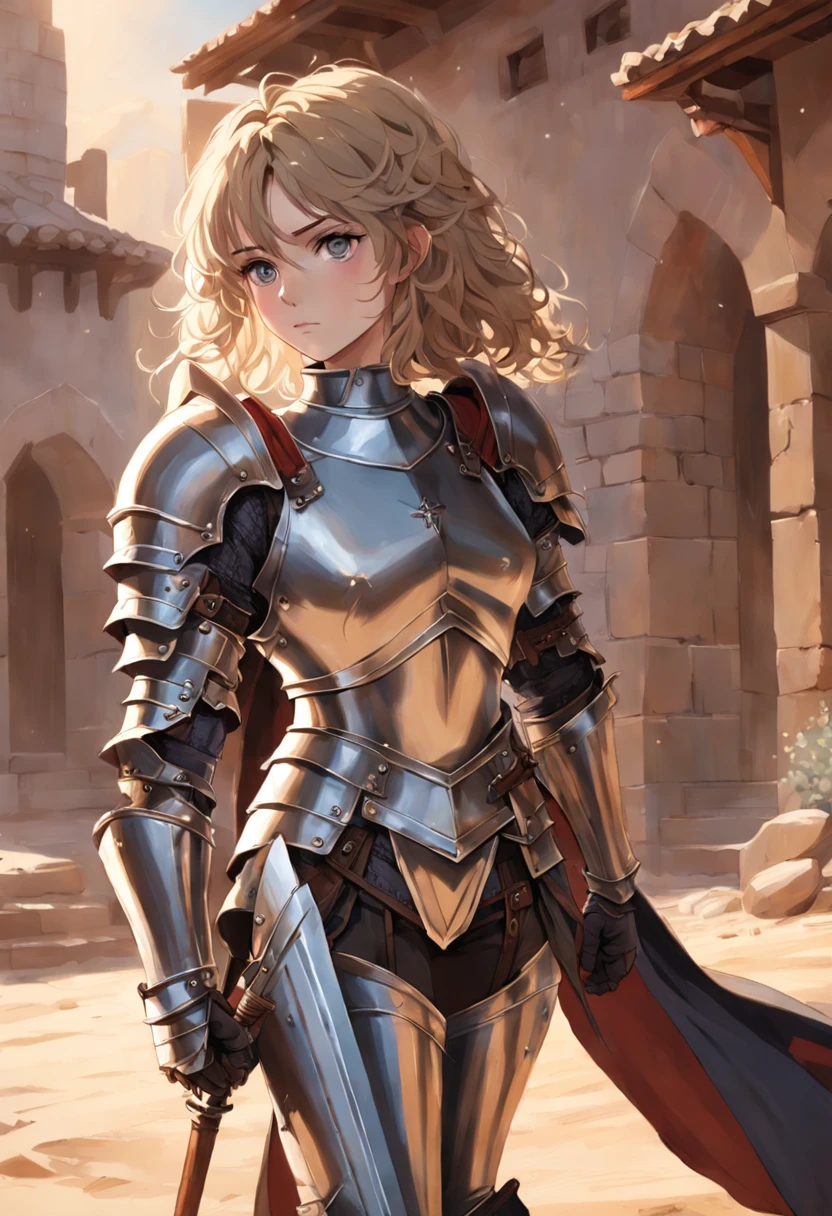 ((close-up)), woman (knight, wavy hair, on a desert place), looking at viewer, wearing (((a leather pants, cuirass, gorget, pauldron, couter, vambrace, gauntlets, cuisses, greaves, sabatons, poleyn, tasses, plackard, rerebrace, breastplace, faulds, scabbard, gardbrace, shoulder armor)))